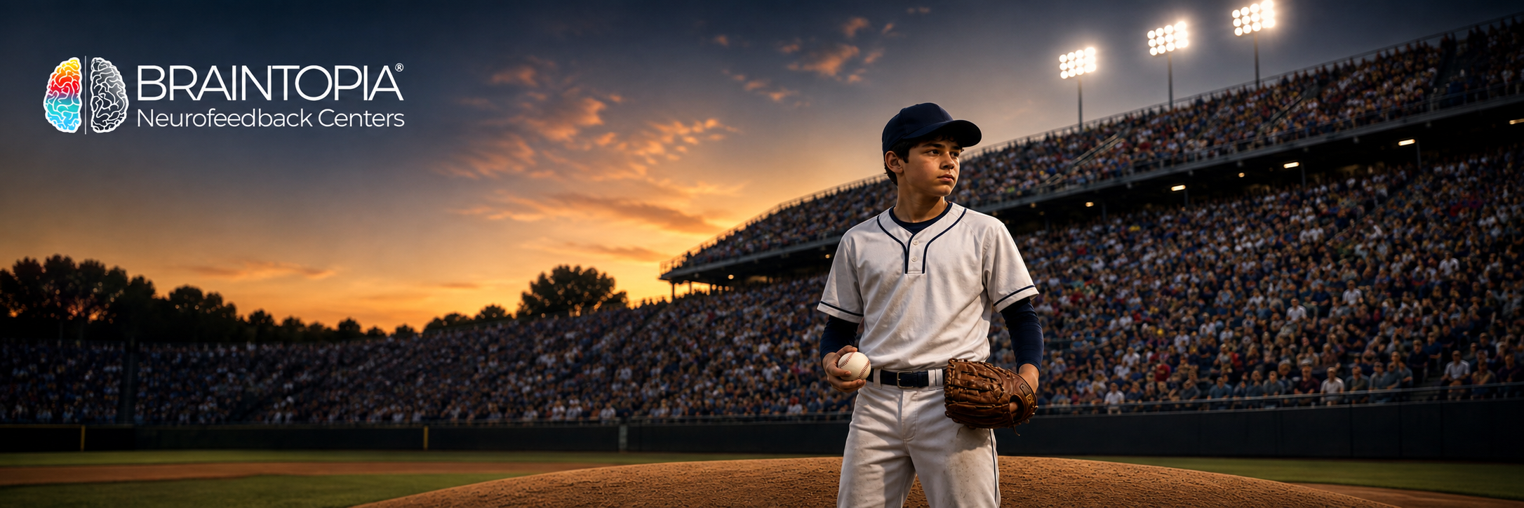 Young baseball pitcher holding ball on mound under stadium lights at night, representing neurofeedback brain training for youth athlete sports performance anxiety at Braintopia Neurofeedback Centers.