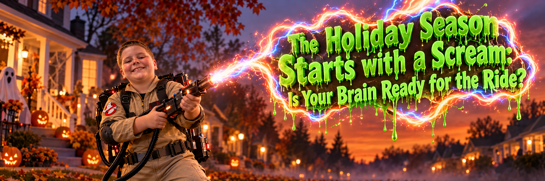 Young boy in a Ghostbusters costume smiling and firing a proton pack on a decorated suburban Halloween street, with electric green slime lettering reading: "The Holiday Season Starts with a Scream: Is Your Brain Ready for the Ride?"