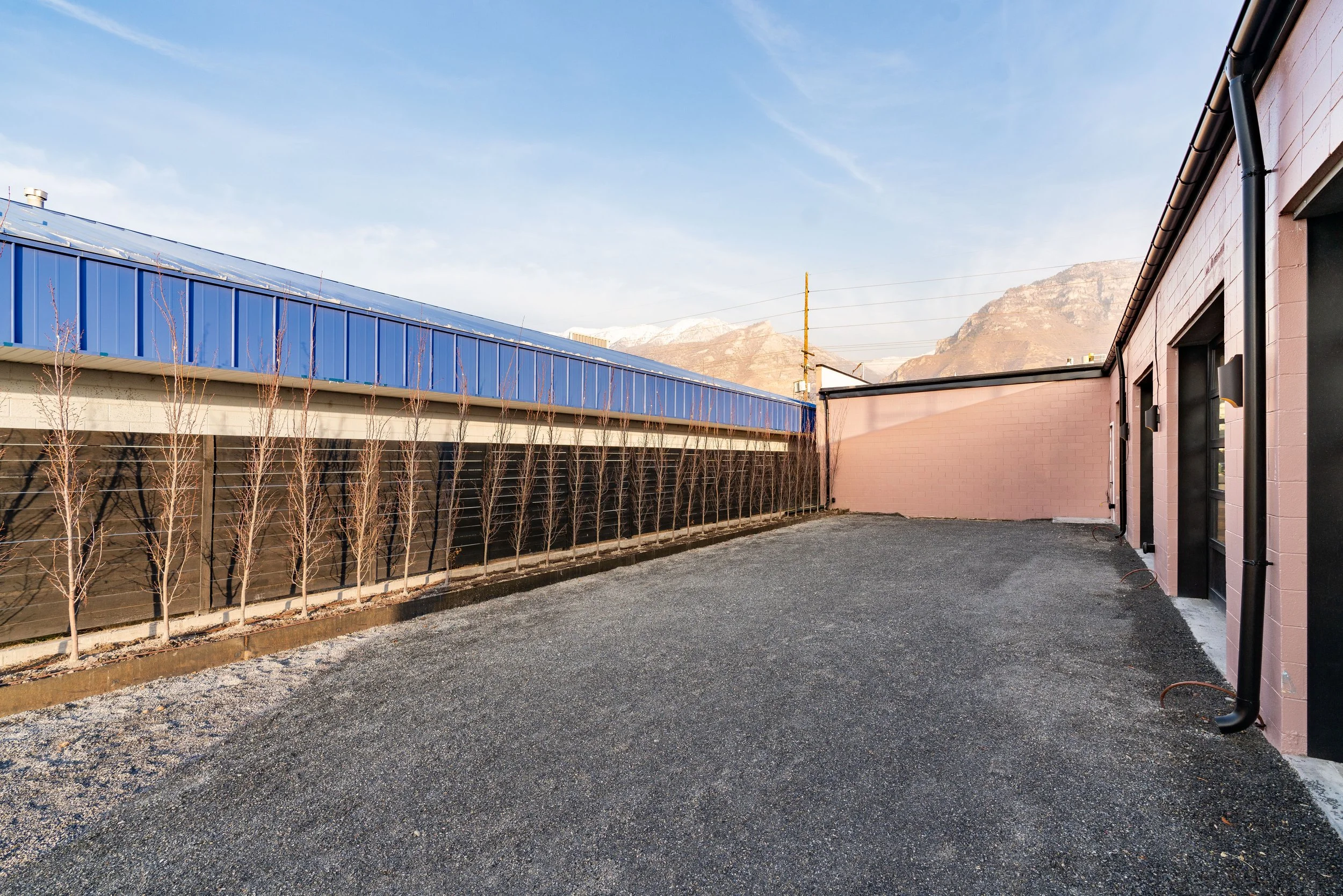 Empty gravel lot next to a pink building with black doors, a row of leafless trees along a fence on the left, and mountains in the background under a blue sky.