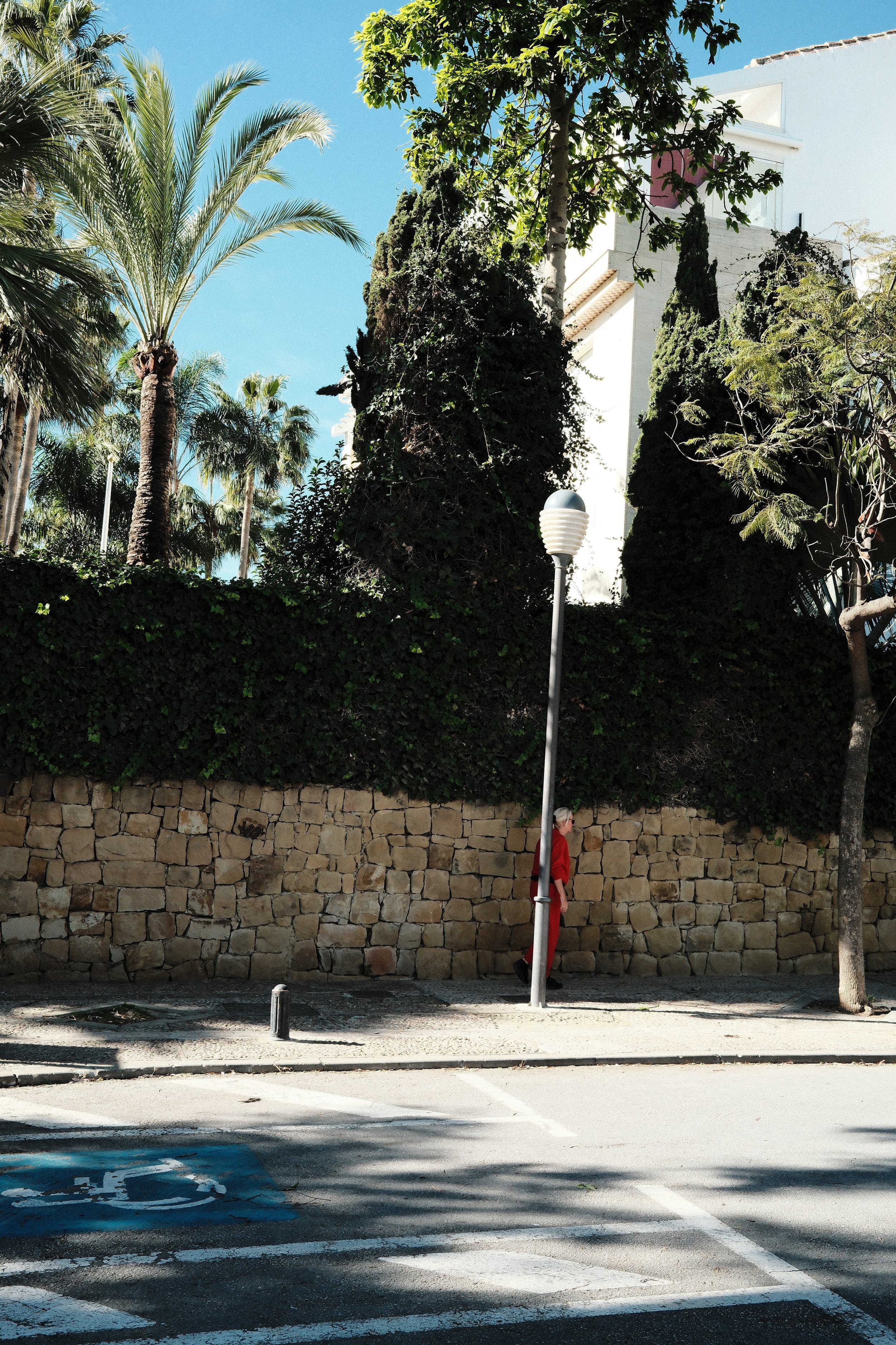 A woman in a red outfit walking along a sidewalk. The scene includes trees, a stone wall, a streetlamp, and a parking space for disabled persons. The sky is clear blue.