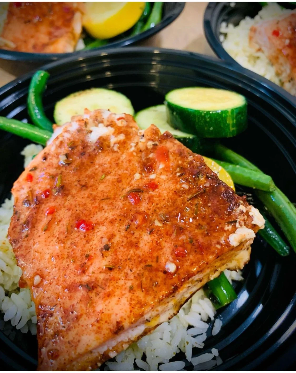 Grilled sweet chili salmon with steamed rice and veggies