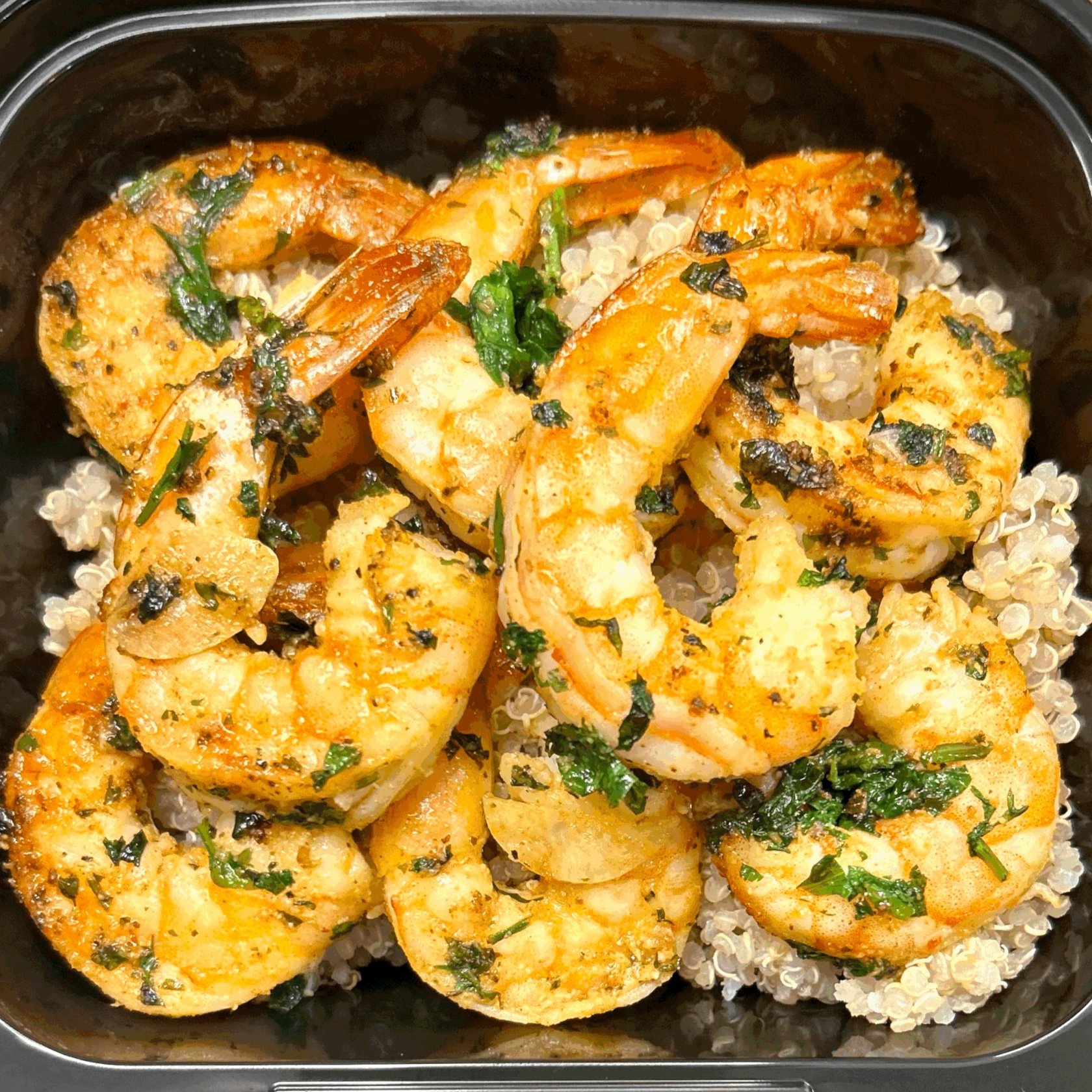 Cilantro Garlic Shrimp with steamed rice and seasonal veggies