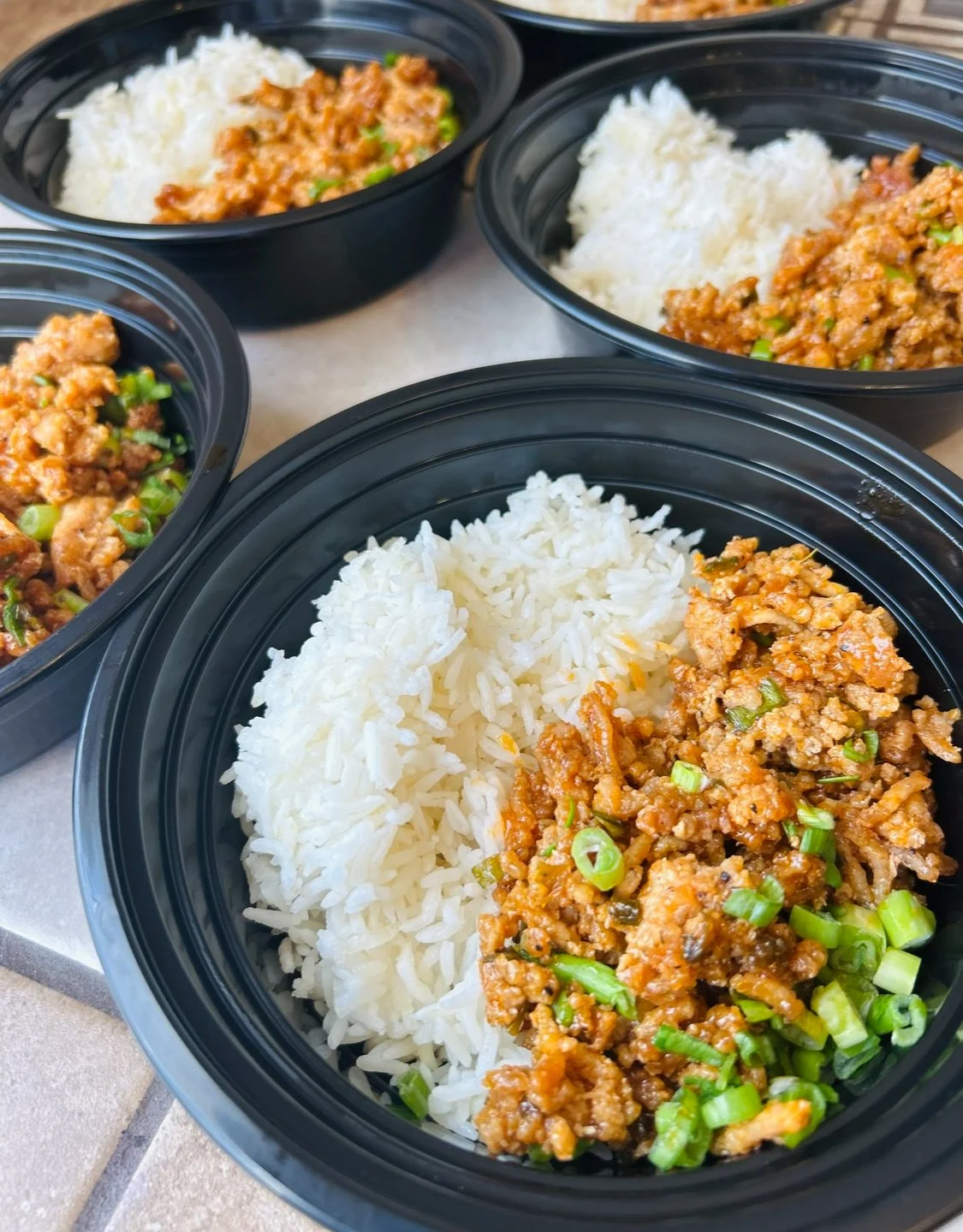 Firecracker ground turkey with steamed rice and seasonal veggies