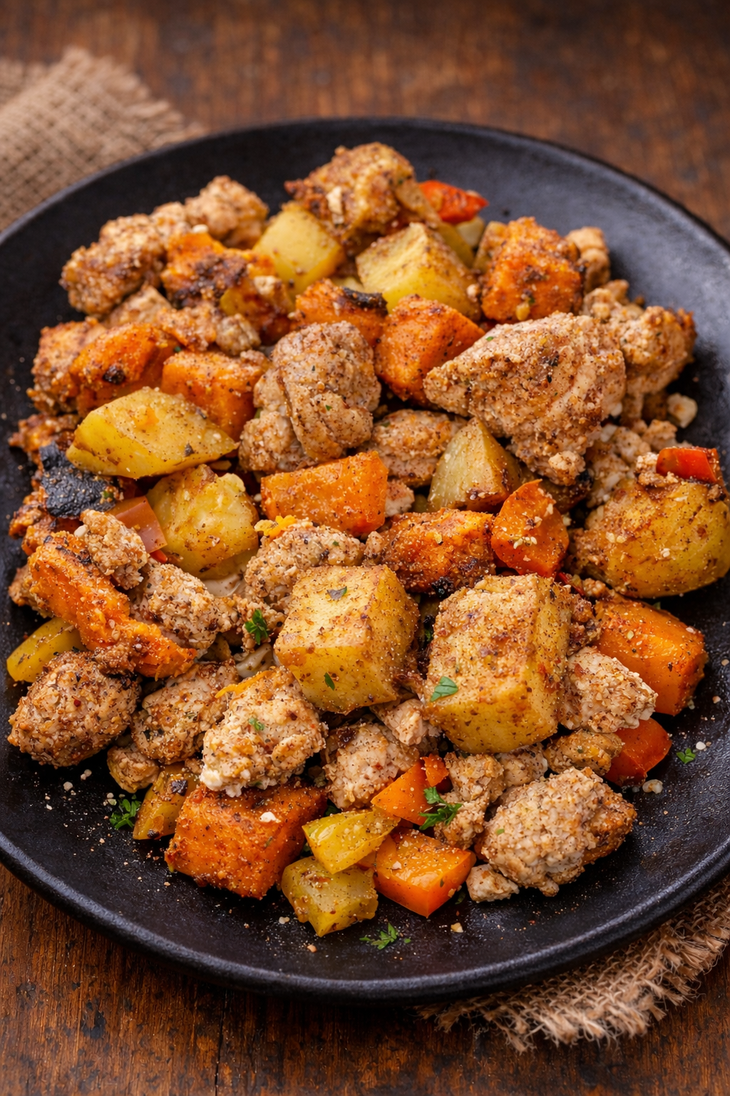NEW breakfast hash made with Ground Turkey, bell peppers, yams and Yukon gold potatoes.