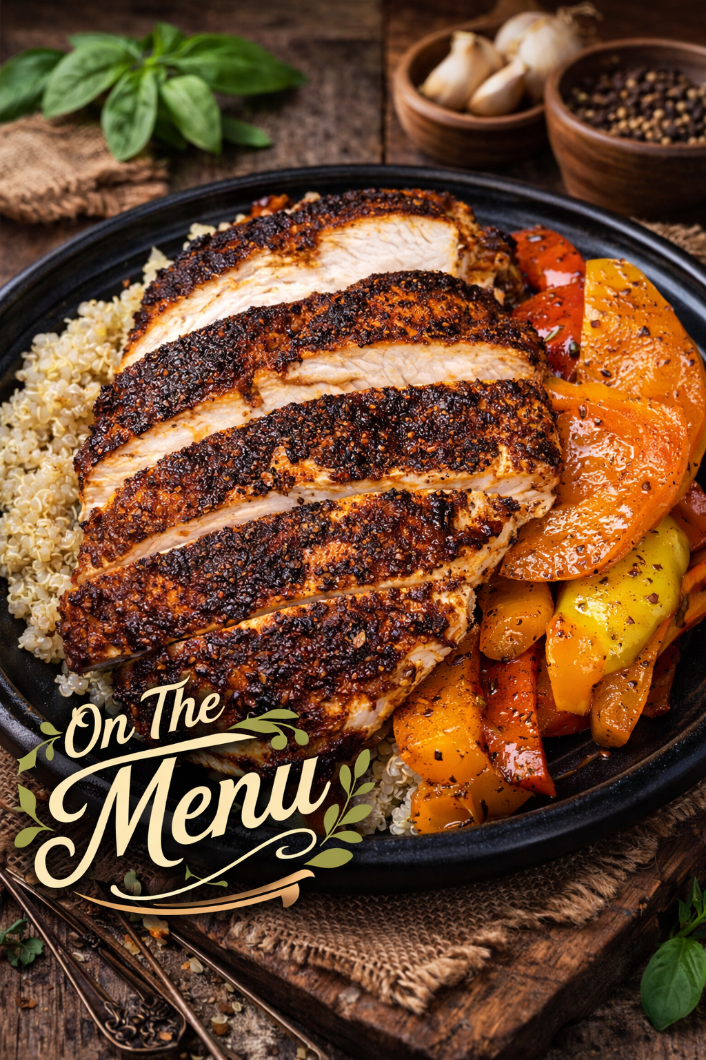 BBQ Crusted Chicken topped with a sweet BBQ sauce,  seasonal veggies and steamed rice