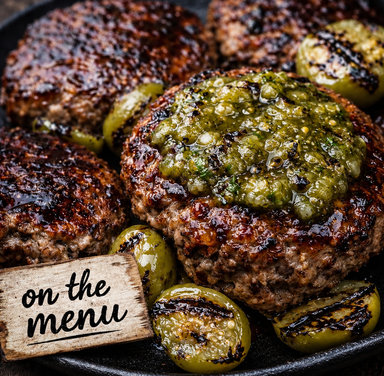 Grilled Beef Burgers topped with a fresh roasted tomatillo salsa, seasonal veggies and steamed rice