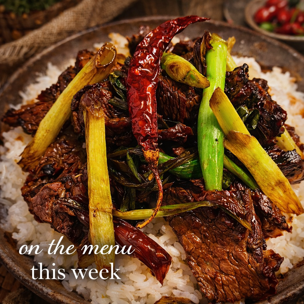 Mongolian Beef with steamed rice and seasonal veggies