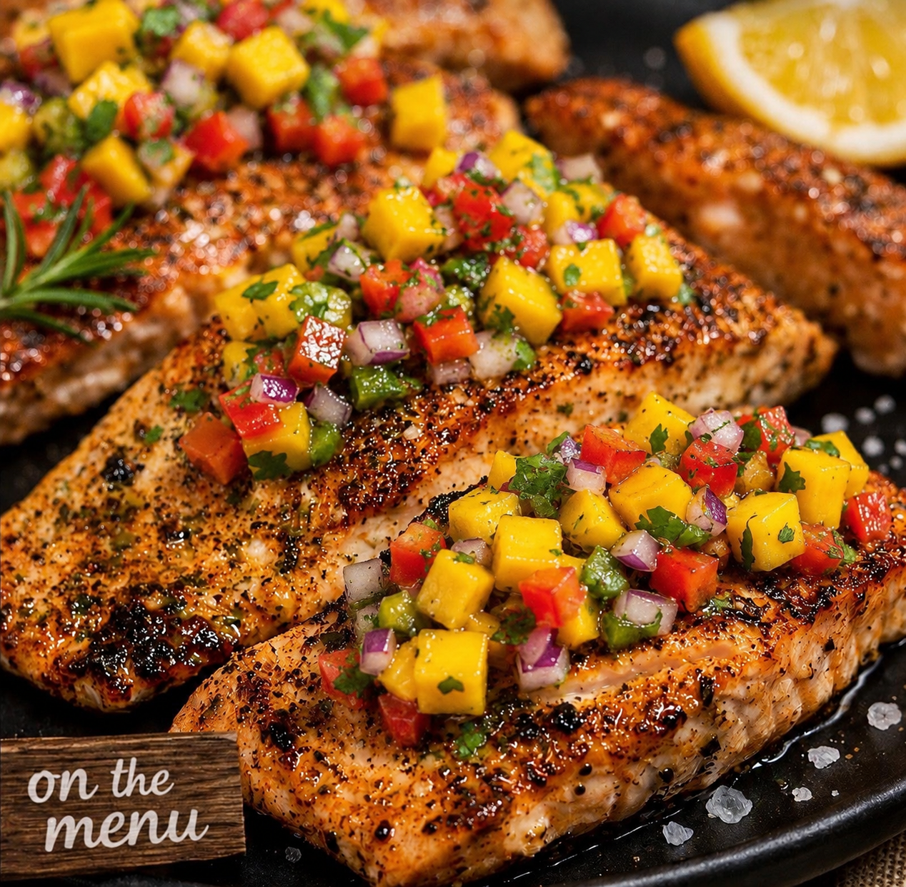 Grilled citrus salmon with a mango pico de Gallo, quinoa and seasonal veggies