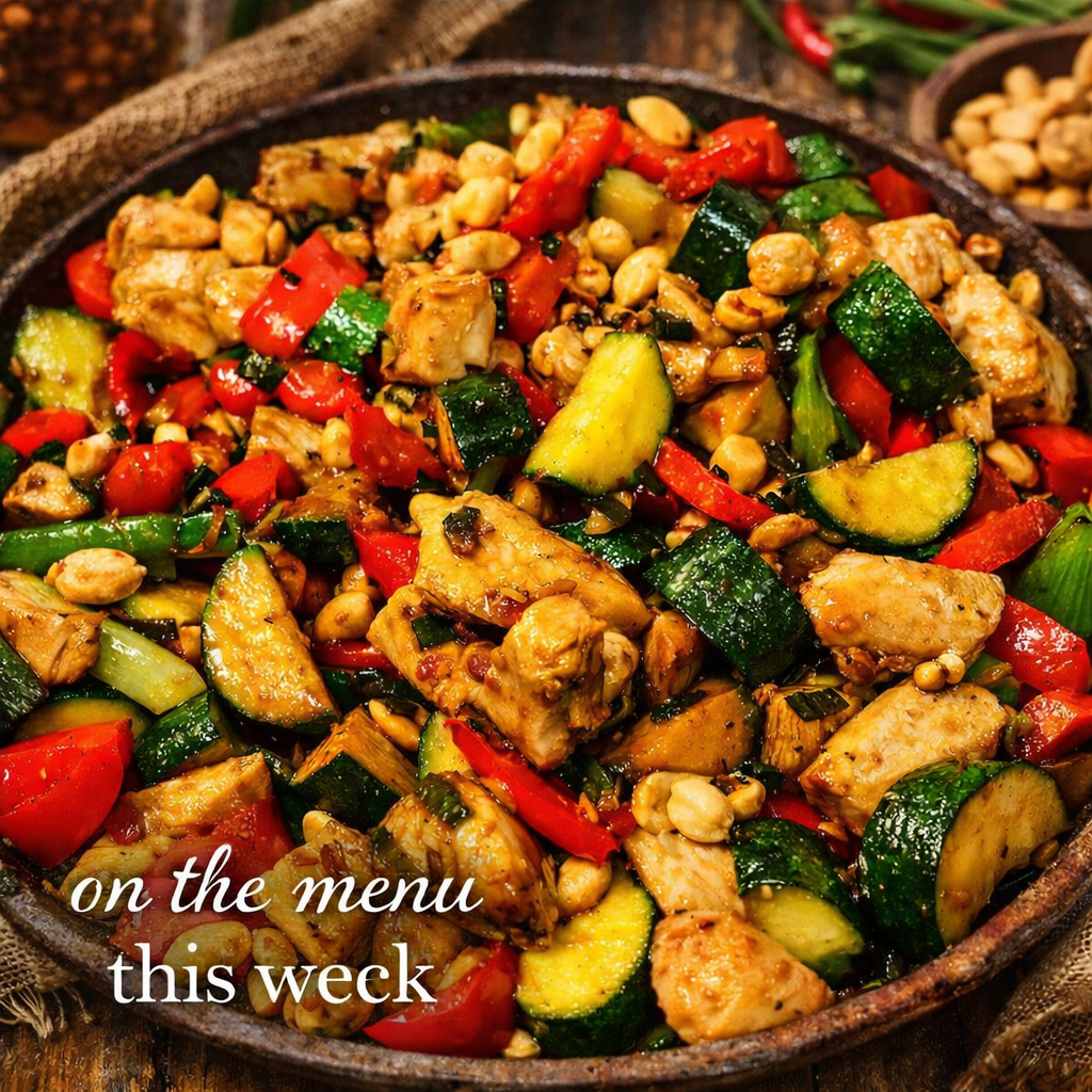 Kung Pao Chicken with steamed rice and Seasonal Veggies