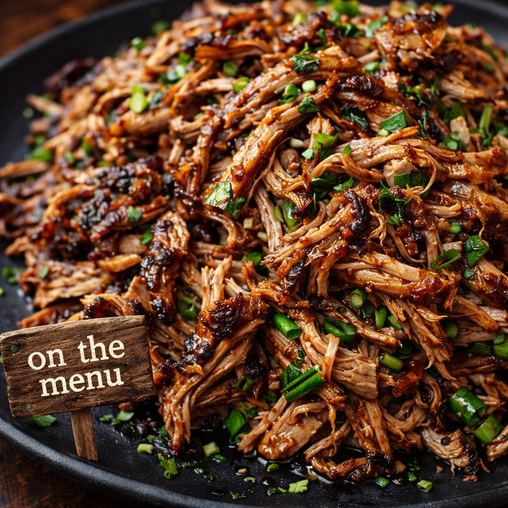 Slow cooked BBQ Pulled Pork Tenderloin  with steamed rice and veggies