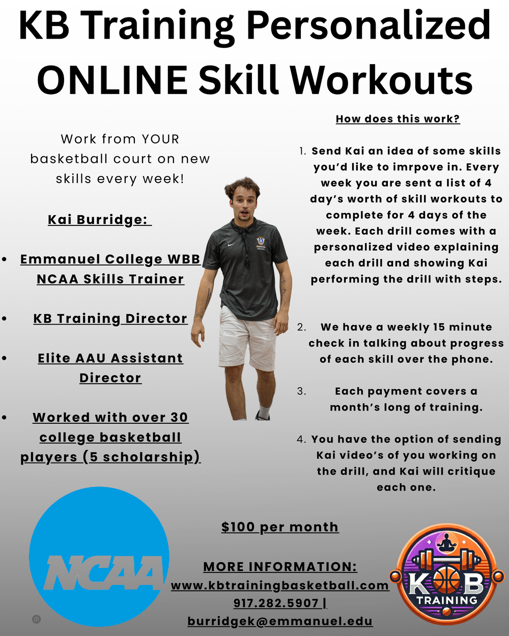 KB Training Personalized Online Skill Workouts flyer featuring Coach Kai