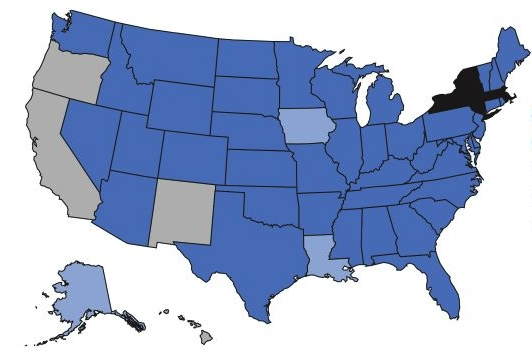 PSYPact Map of the United States with most states colored in blue, a few in gray, and one in black.