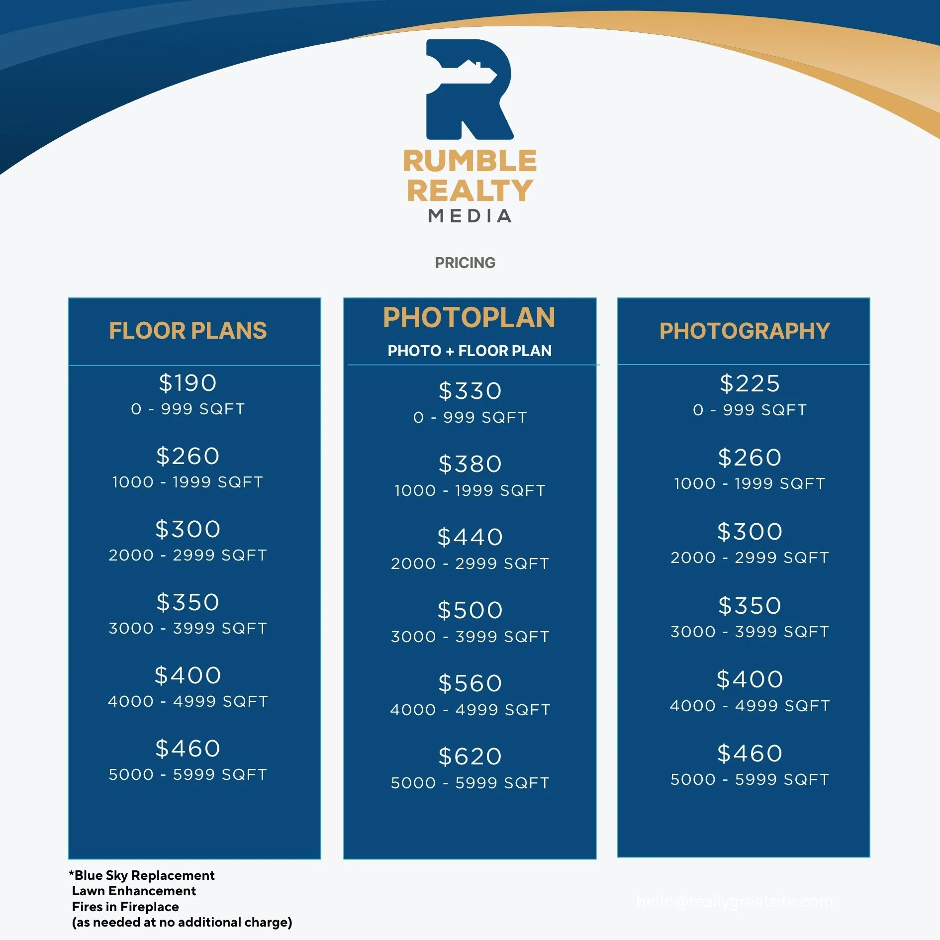 Photography and Floor Plan pricing for Rumble Realty Media