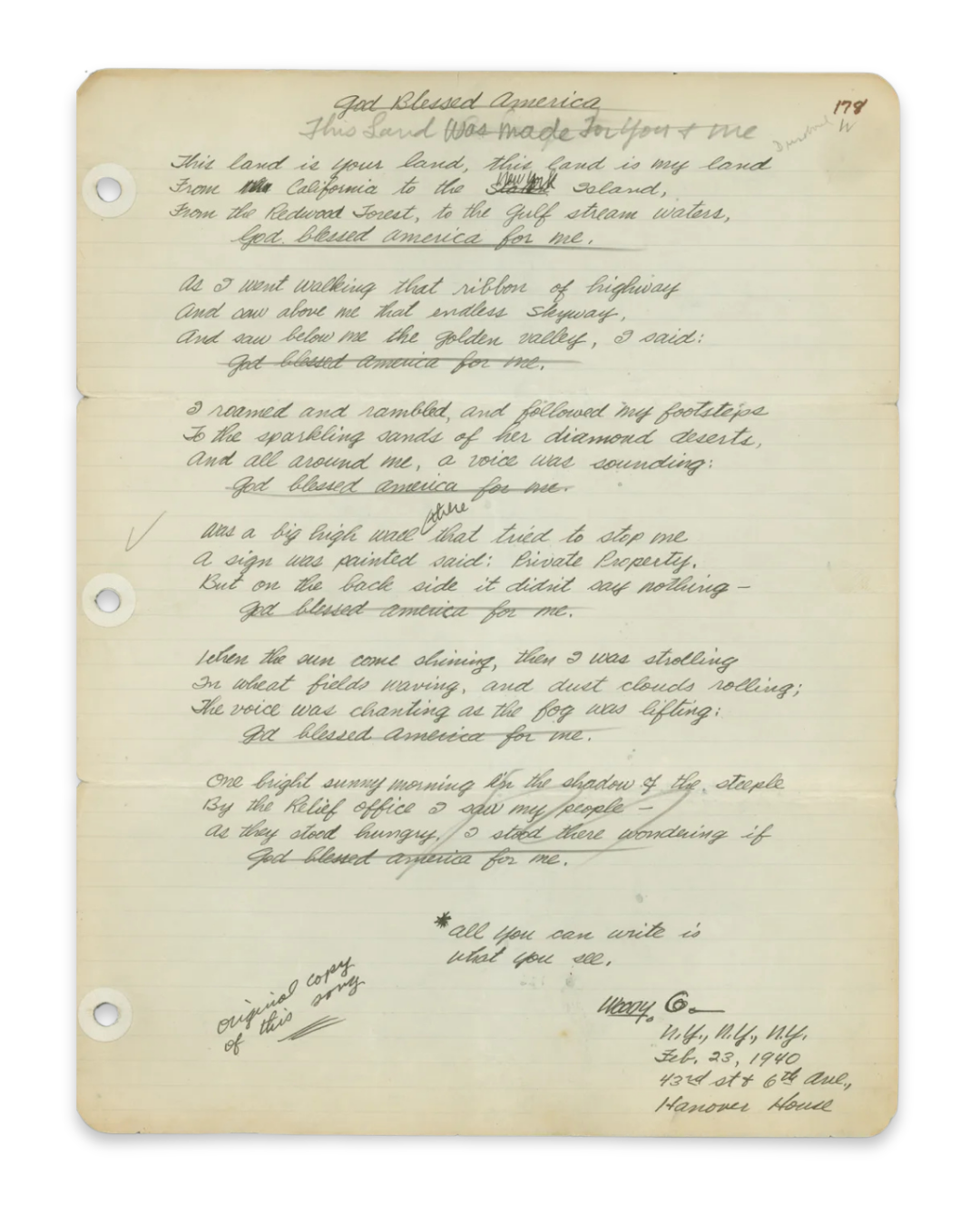 Browne, D. (2022, Feb. 25). “Woody Guthrie Up Close: See Artifacts From New Exhibit on the Folk Legend.” Rolling Stone. https://www.rollingstone.com/music/music-pictures/woody-guthrie-exhibit-morgan-library-1312330/.