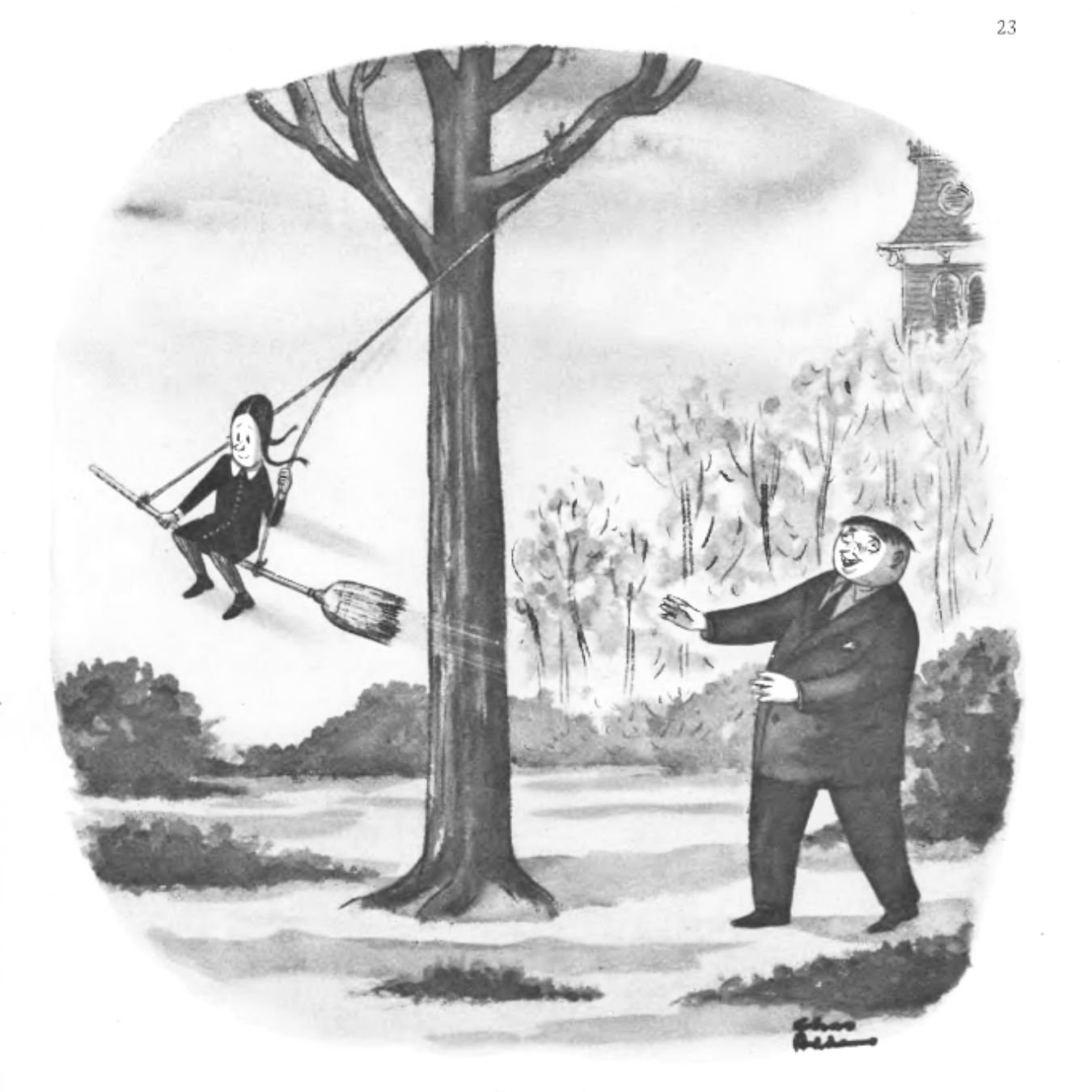 Addams, C. (1954, June 26). “Gomez pushing Wednesday on a broomstick swing” [Illustration]. The New Yorker, p. 23. https://archives.newyorker.com/newyorker/1954-06-26/flipbook/022/.&nbsp; (Copy)