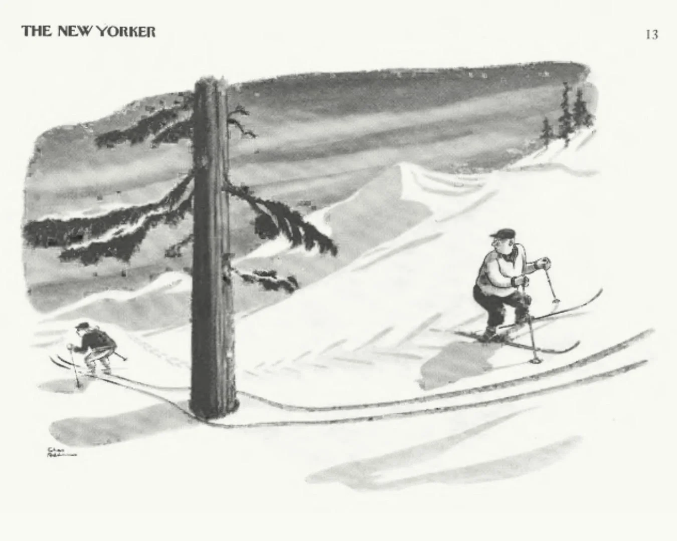 Addams, C. (1940, Jan. 13). “Downhill Skier” [Illustration]. The New Yorker, p. 13. https://archives.newyorker.com/newyorker/1940-01-13/flipbook/012/. 