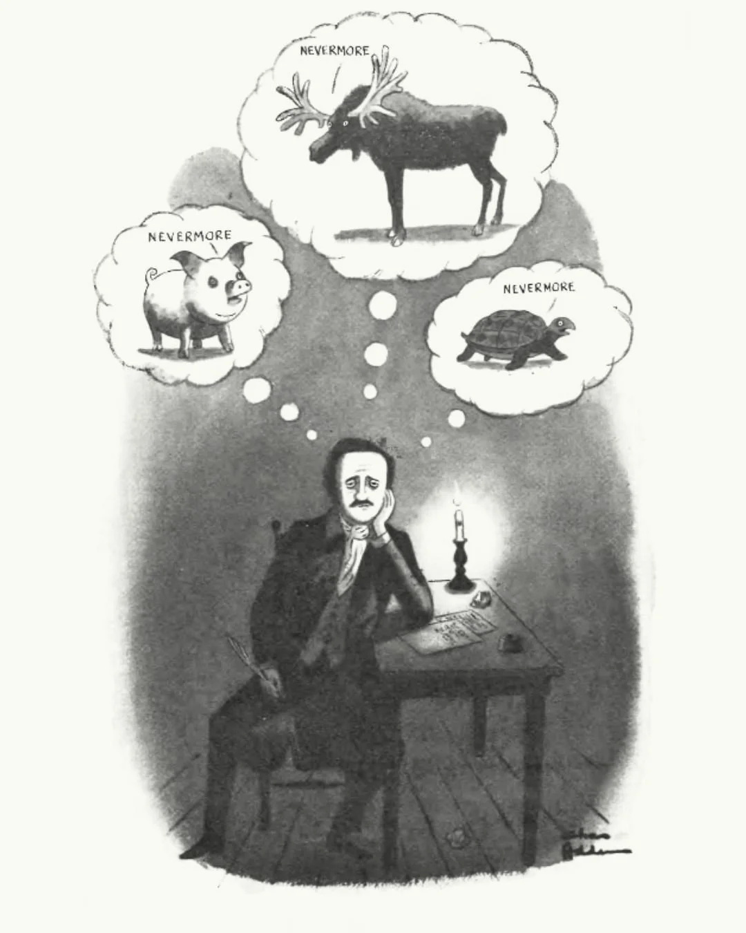 Addams, C. (1973, Oct. 29). “Nevermore” [Illustration]. The New Yorker, p. 33. https://archives.newyorker.com/newyorker/1973-10-29/flipbook/032/.