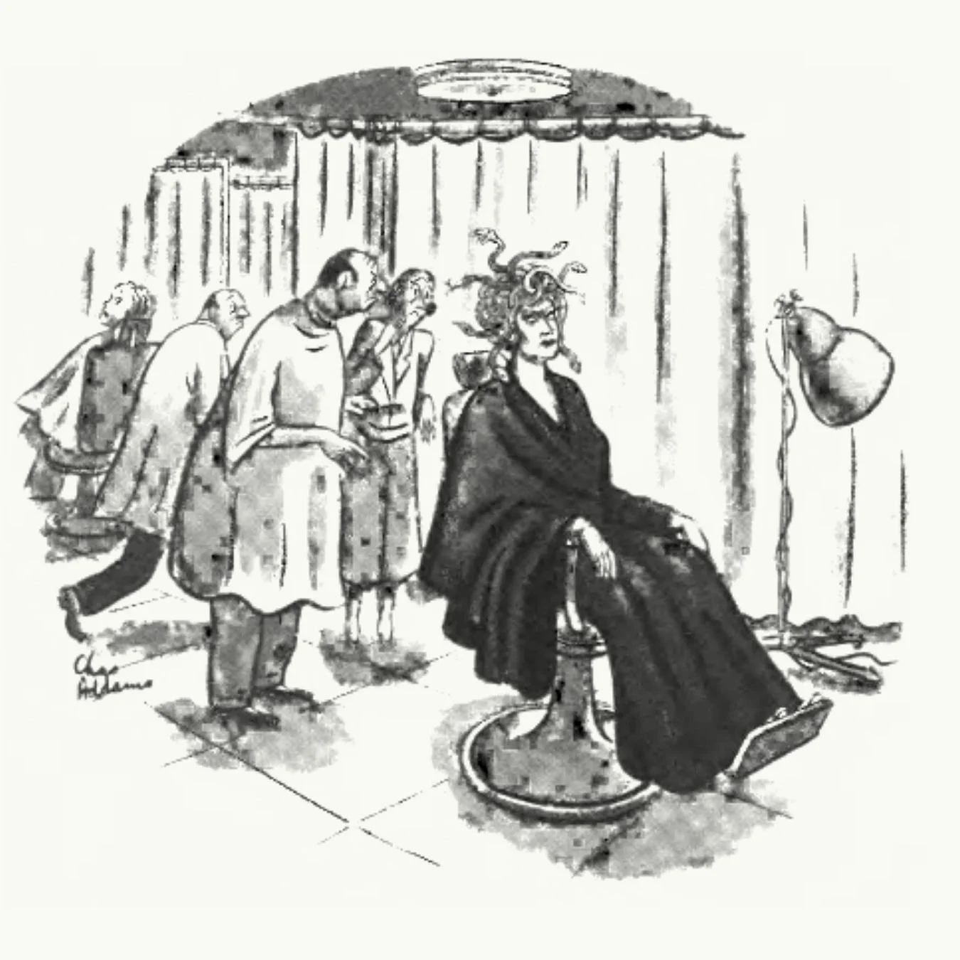 Addams, C. (1936, Aug. 15). “Medusa at the Salon” [Illustration]. The New Yorker, p. 23. https://archives.newyorker.com/newyorker/1936-08-15/flipbook/022/. 