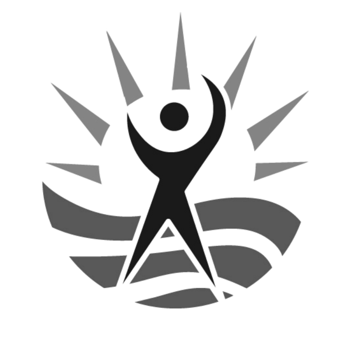 A black and gray graphic symbol combining elements of a Wi-Fi signal, a location pin, and a person with arms raised.