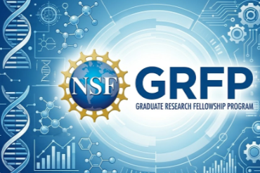 NSF GRFP logo over a science themed blue background.