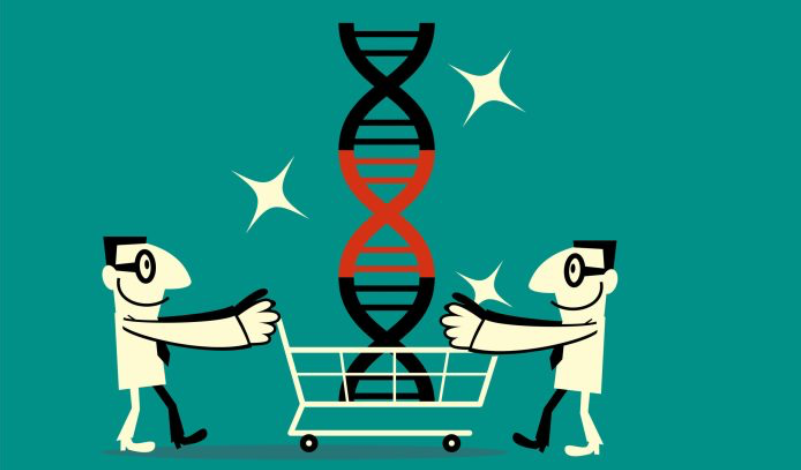 Cartoon of two people with a shopping cart containing DNA.