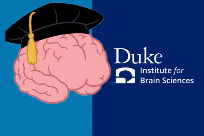 Cartoon brain wearing a graduation hat and the Duke Institute for Brain Sciences logo.