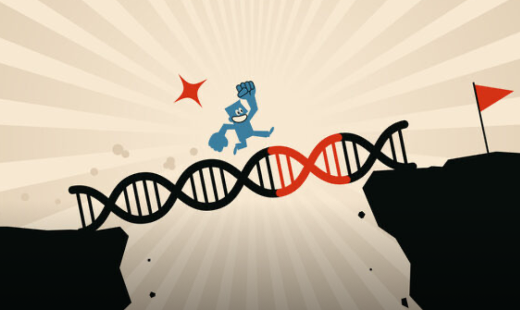 Cartoon of a person crossing a bridge made of DNA.