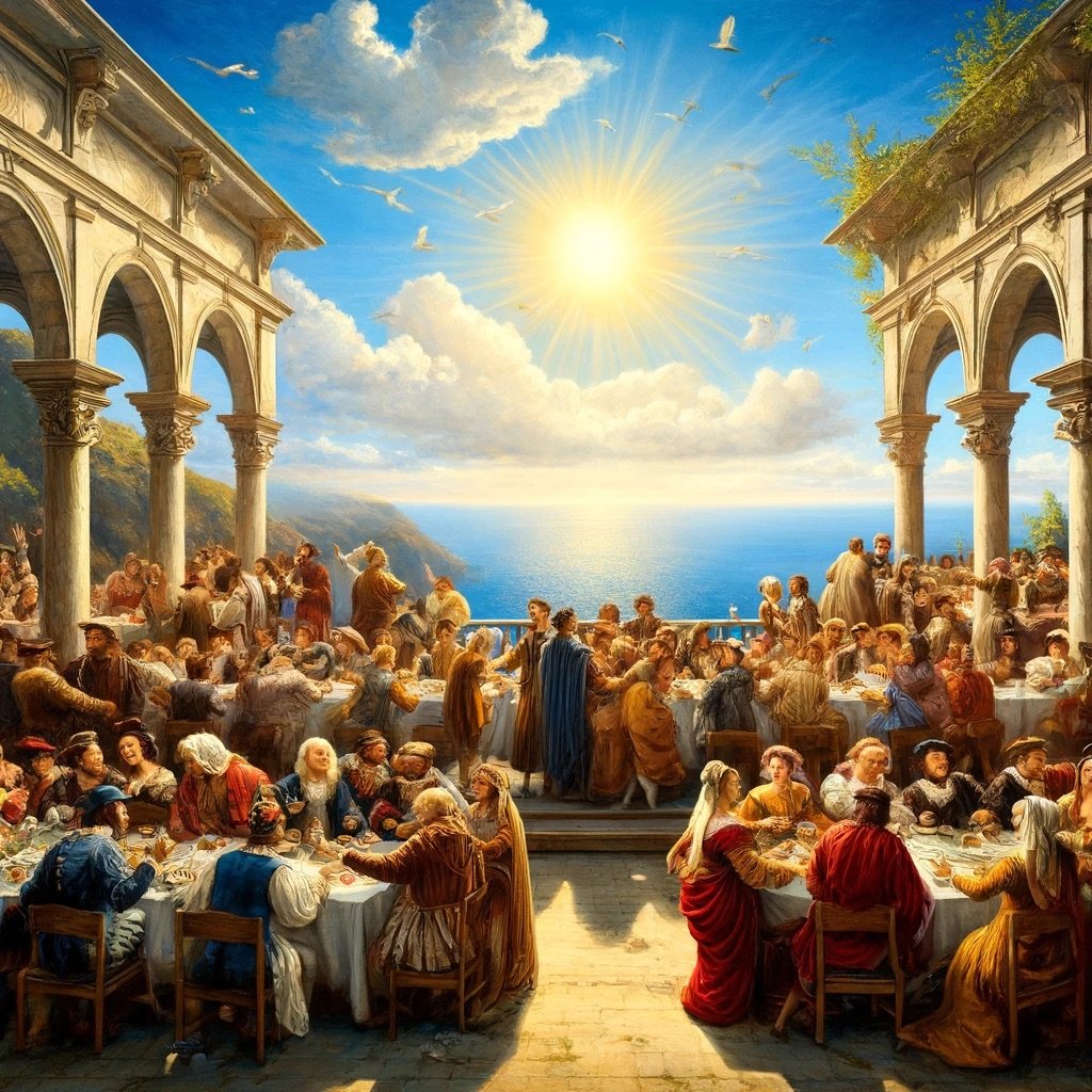 DALL·E 2024-05-08 23.12.45 - A Renaissance-style painting depicting a large group of friends networking at a cliffside restaurant during a bright noon. The scene is set high above.jpeg