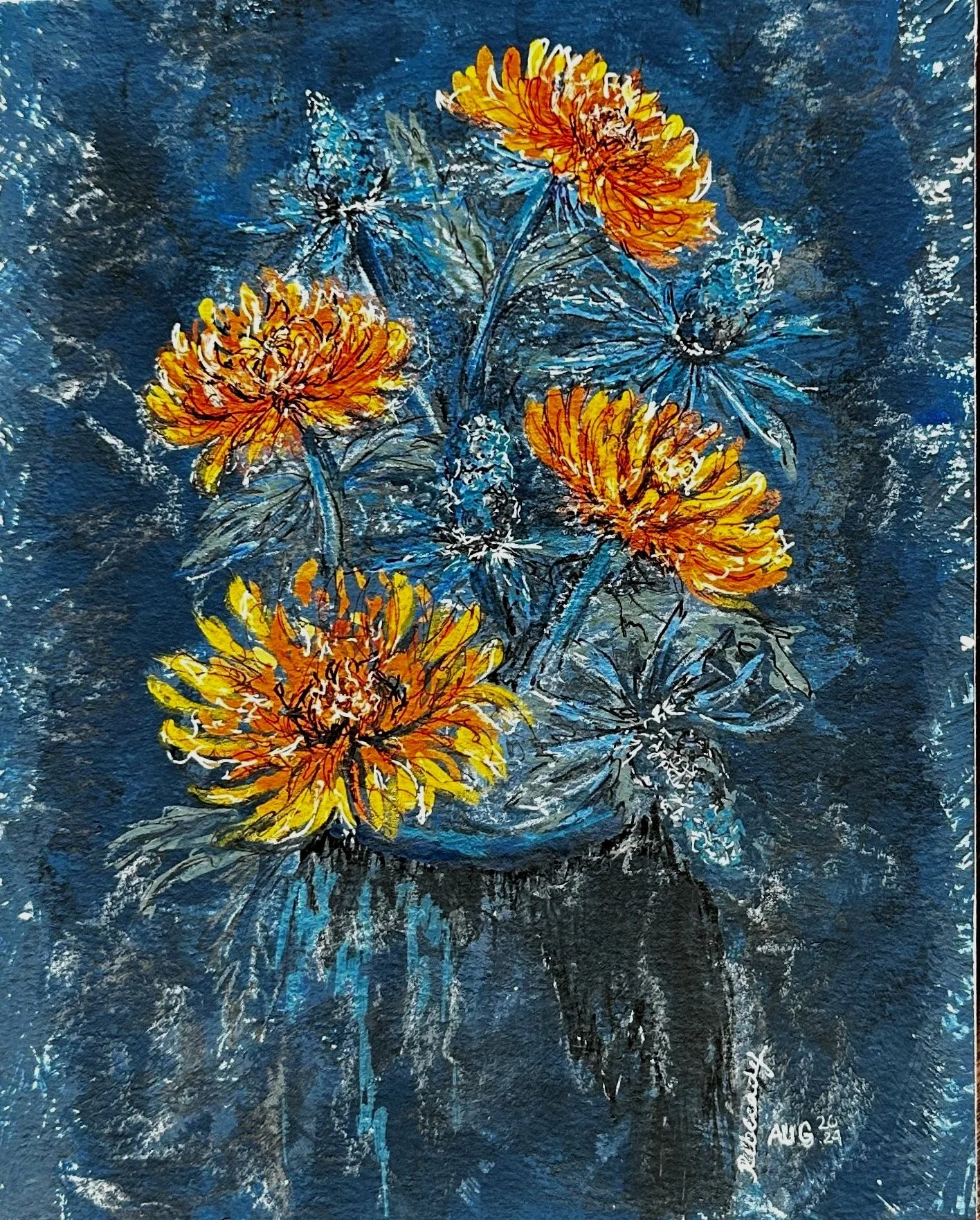 A painting of orange and yellow flowers in a blue vase against a dark blue background.