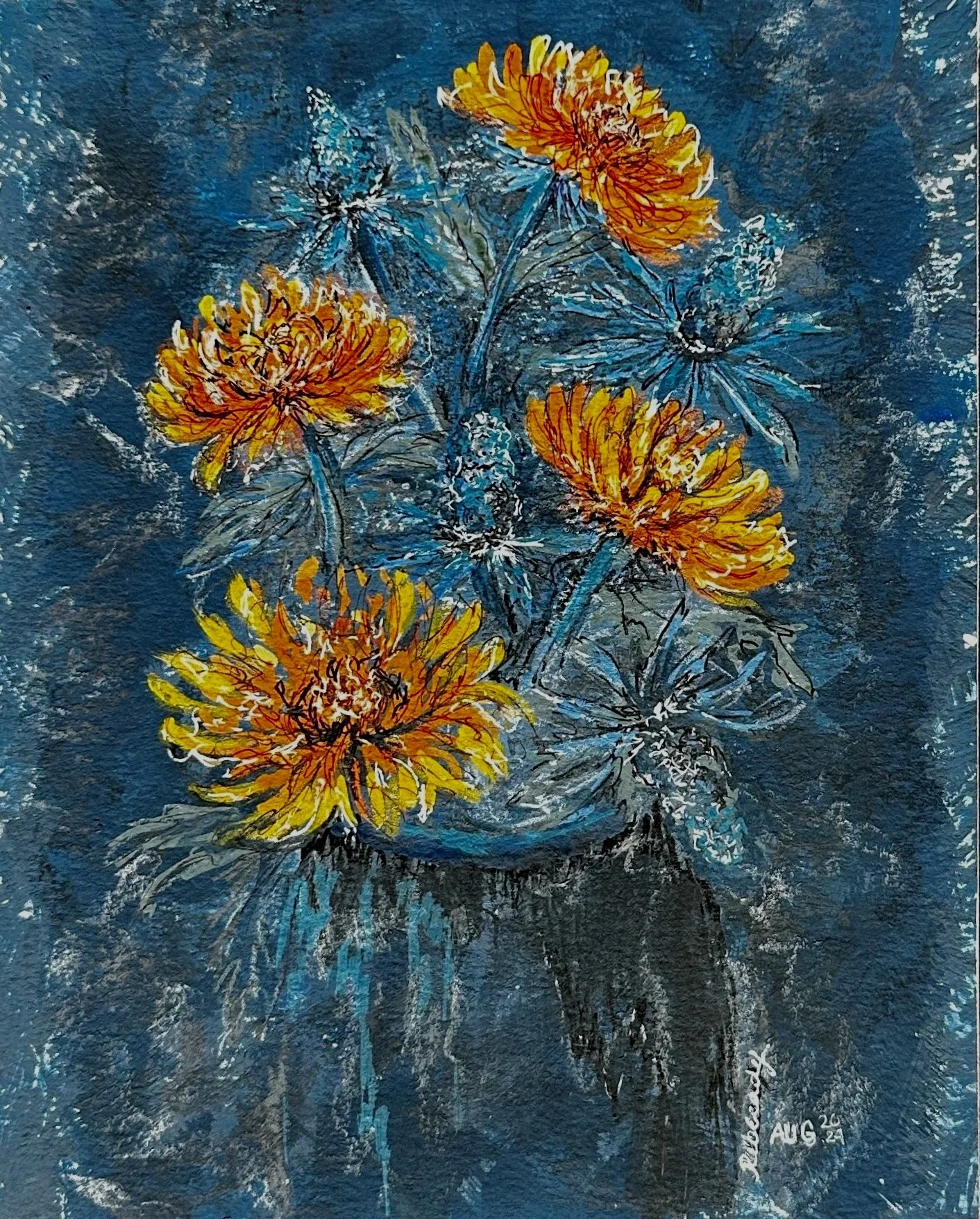 A painting of yellow and orange flowers in a glass vase with a dark background.