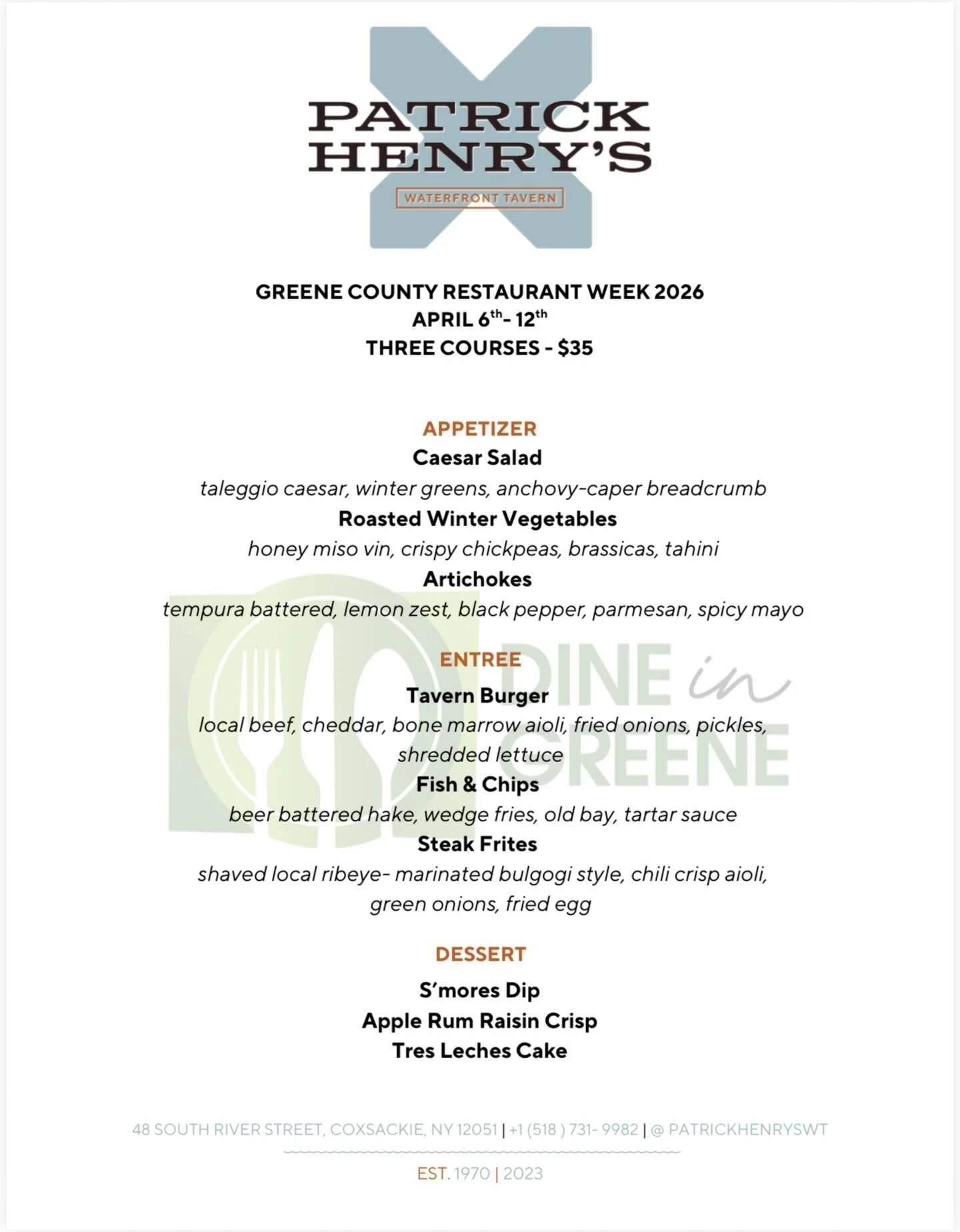 Greene County Restaurant Week is almost here 🍽️

Join us at Patrick Henry&rsquo;s April 6&ndash;12 for a three-course menu for $35&mdash;featuring everything from crispy artichokes to steak frites and a sweet finish you won&rsquo;t want to skip.

Co