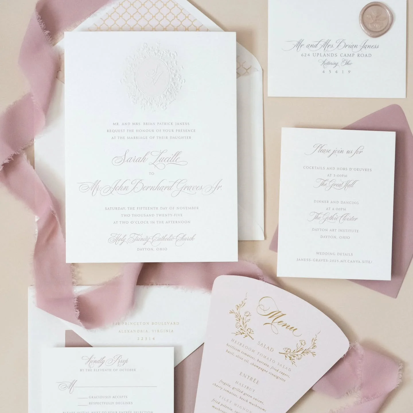 How to set a black-tie dress code without saying a word: blind embossing and deep letterpress on European pearl white cotton, and a pop of foil for the menu. 

When guests can physically *feel* the luxury in the paper, they already know it&rsquo;s th