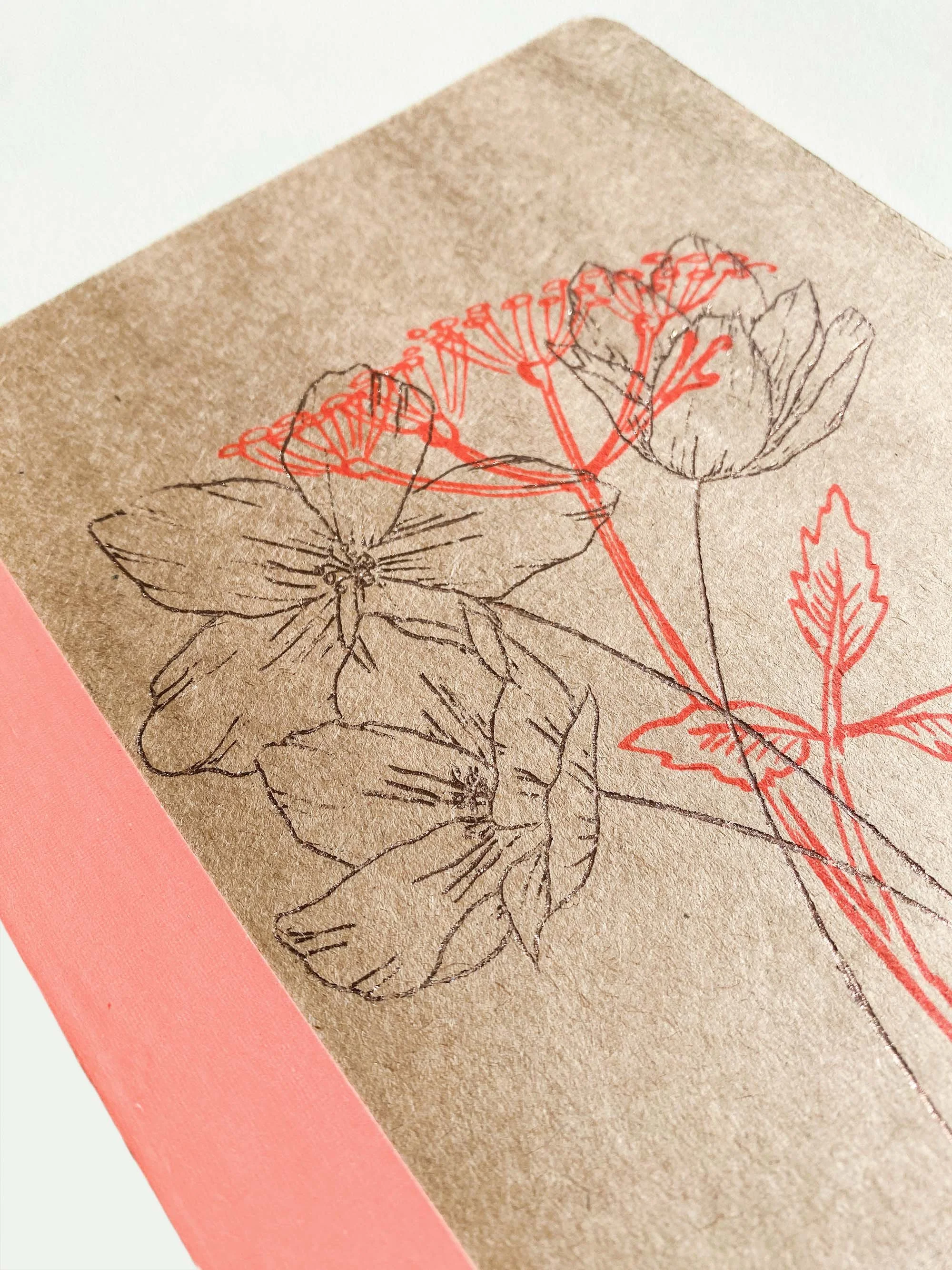 Notizbuchdeckel mit floralen Zeichnungen in Schwarz und Rot auf braunem Hintergrund.