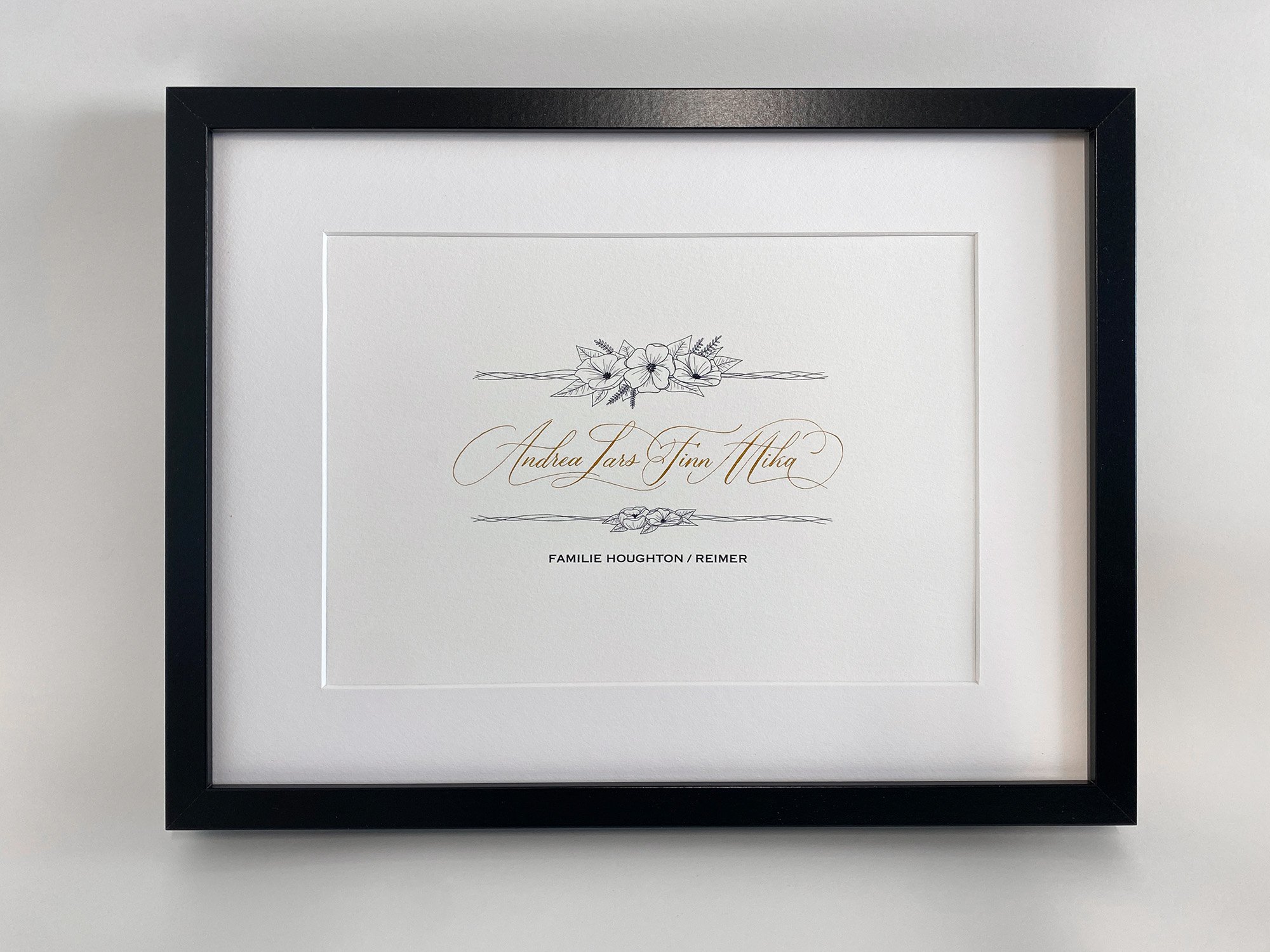 Rahmen mit künstlerisch gestalteter Schreibschrift, florales Motiv, Namen "Andrea Lars & Finn Mika", "Familie Houghton/Reimer" darunter in großem, dunklen Rahmen.