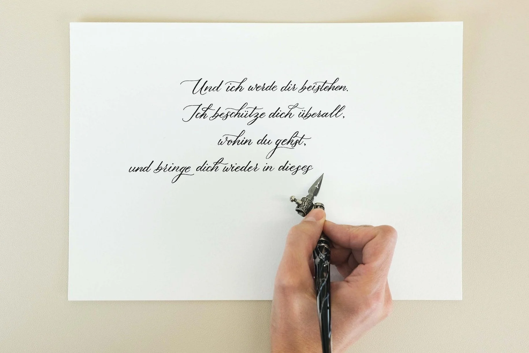Hand, die mit Federhalter und Tinte einen kalligraphischen Text auf weißem Papier schreibt.
