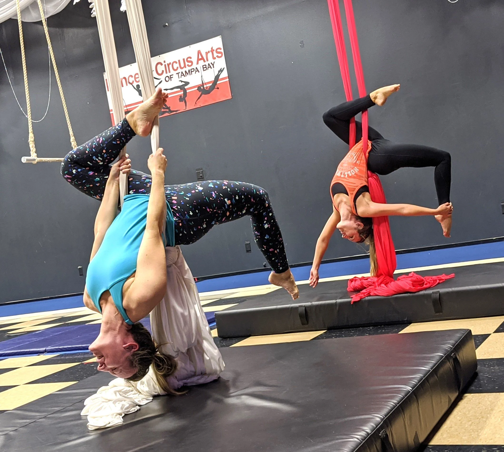 Adult students enjoying aerial silks