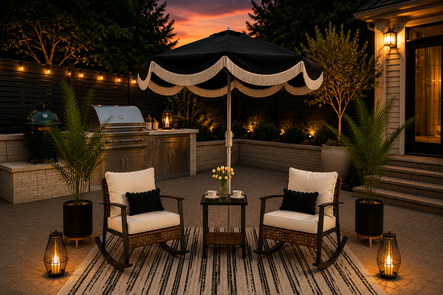 Warm neutral outdoor patio with black fringe umbrella, woven rocking chairs, layered lighting, palm trees, and striped outdoor rug.