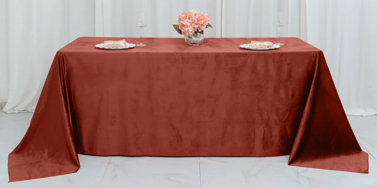 $50.00- 90" x 132" Terracotta Velvet Rectangular Linen