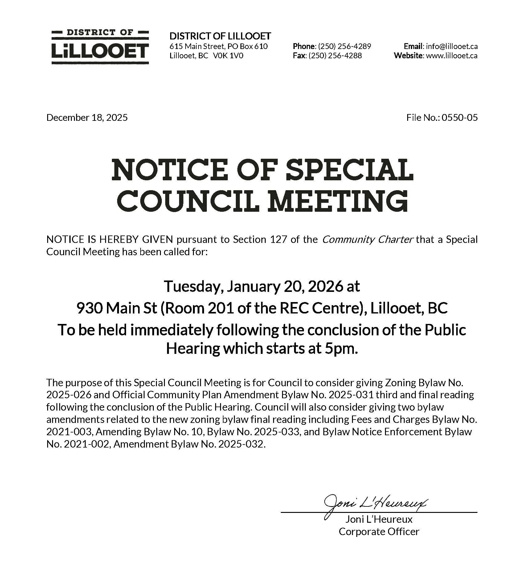 Notice of Special Council Meeting - January 20, 2026