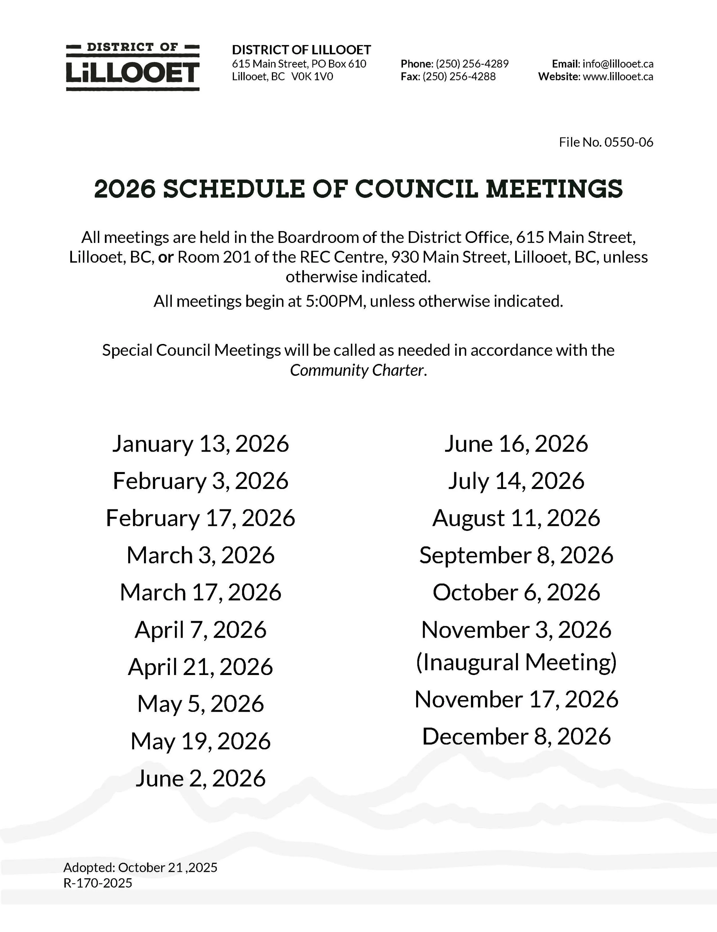 2026 Regular Council Meeting Schedule