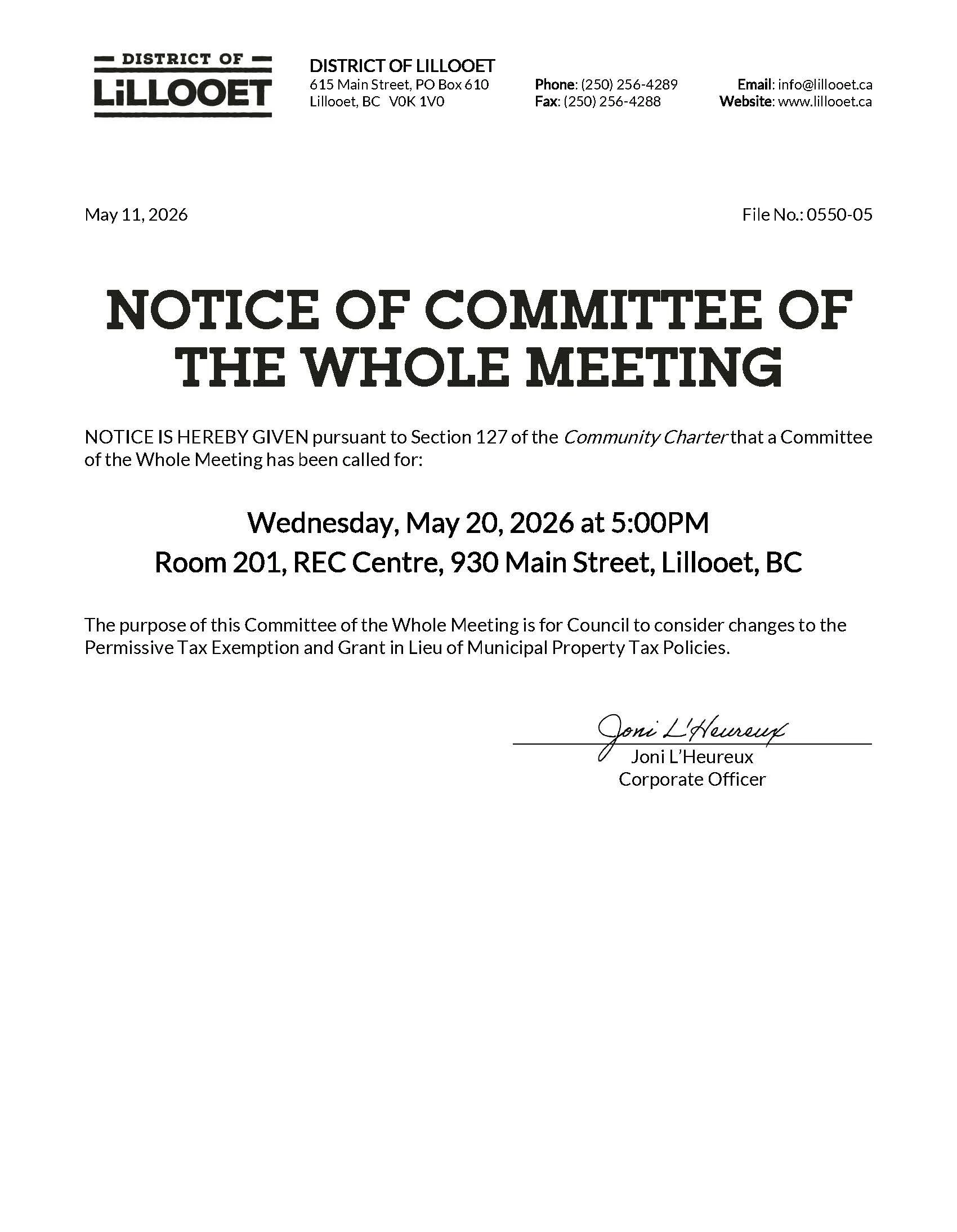 Notice of Committee of the Whole Meeting