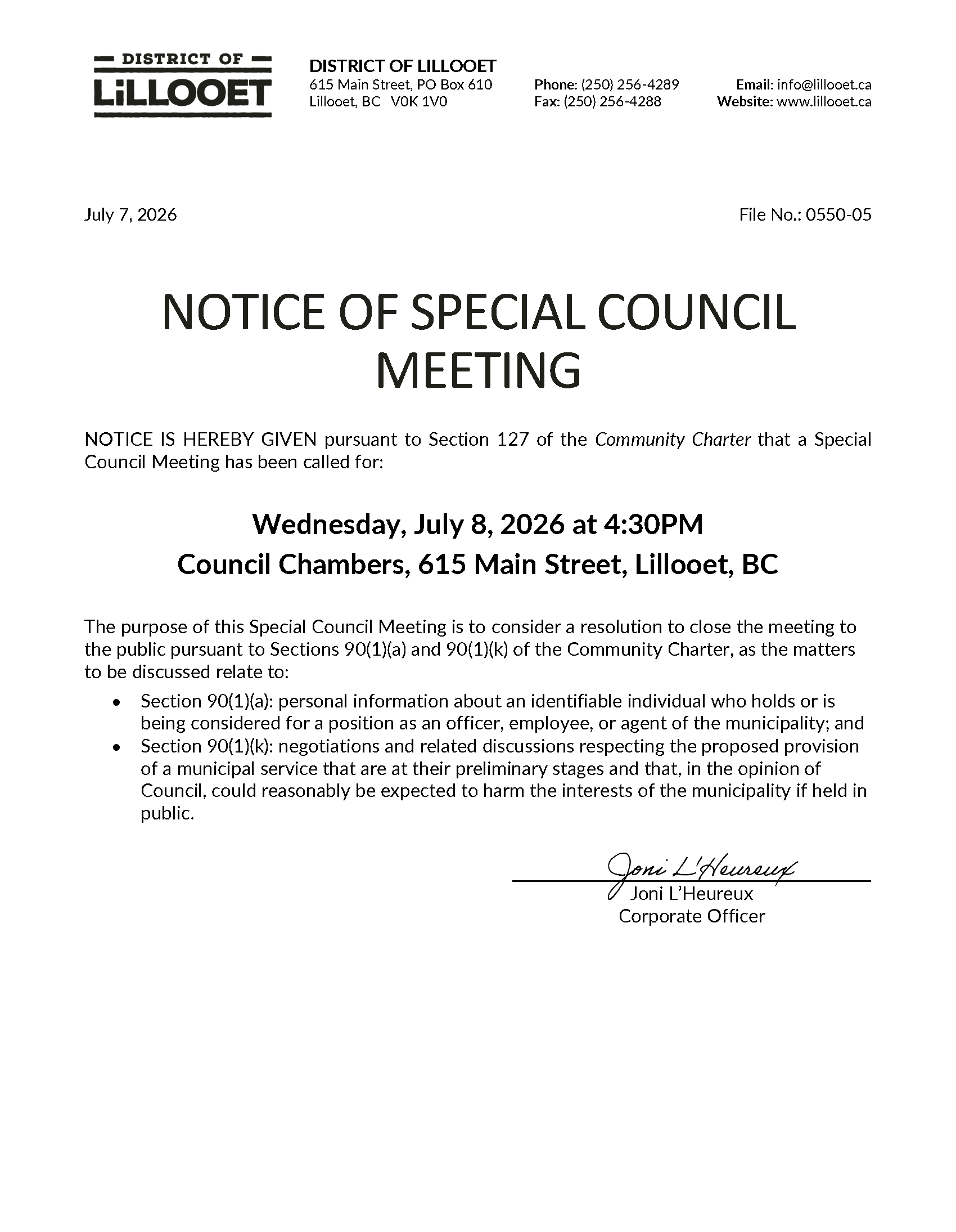 Notice of Special Council Meeting July 8, 2026