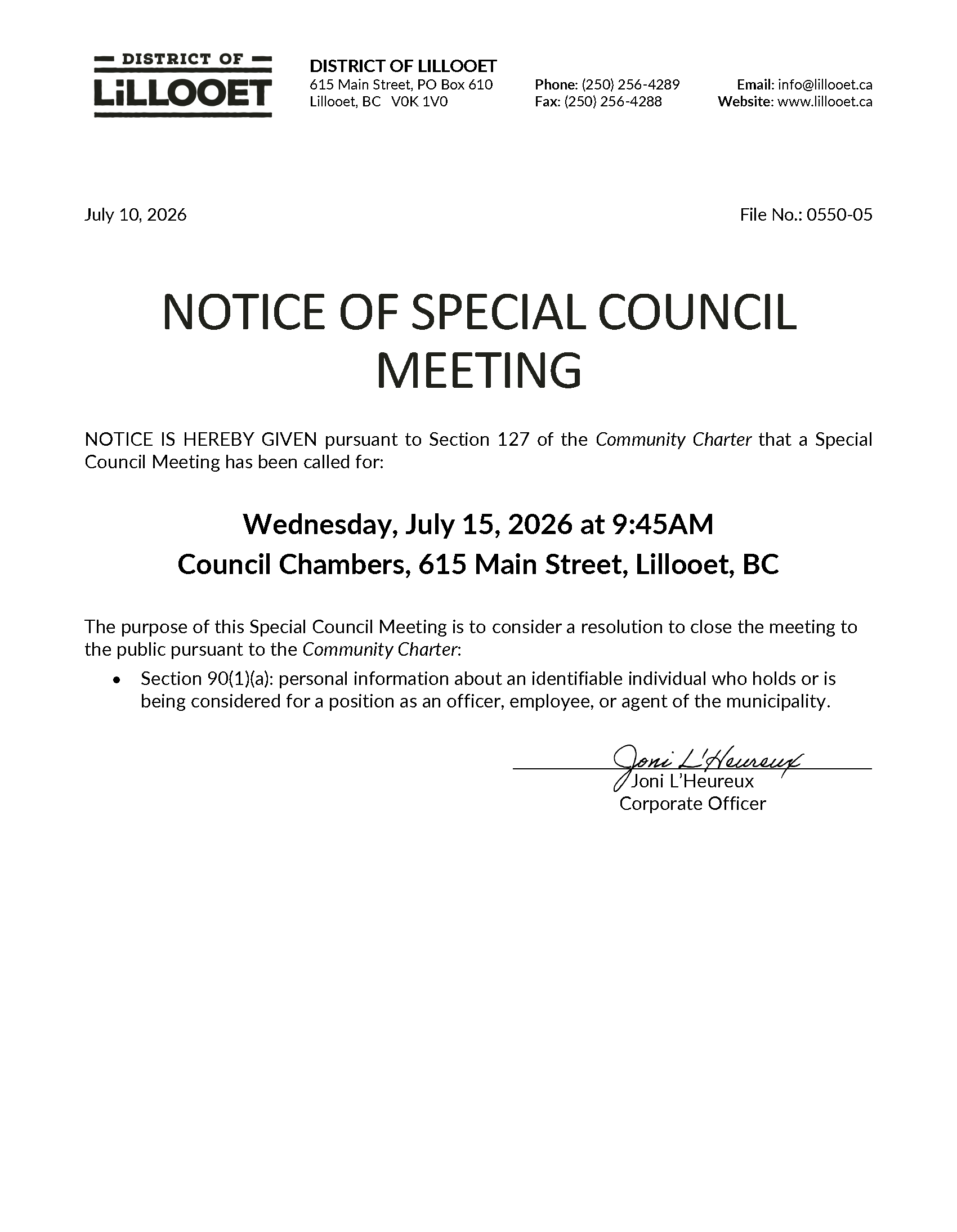 Notice of Special Council Meeting July 15, 2026