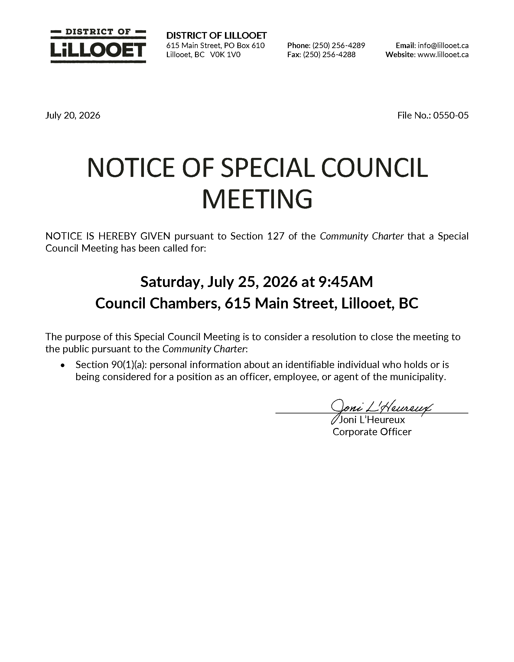 Notice of Special Council Meeting July 25, 2026