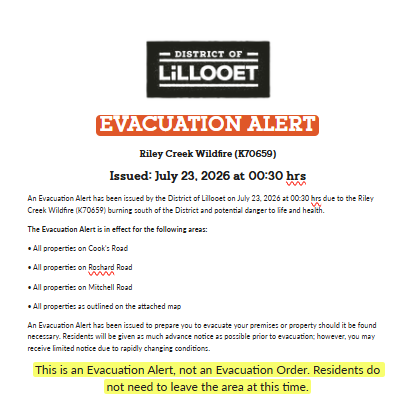 Evacuation Alert - July 23, 2026 - Cook’s Road, Roshard Road, Mitchell Road