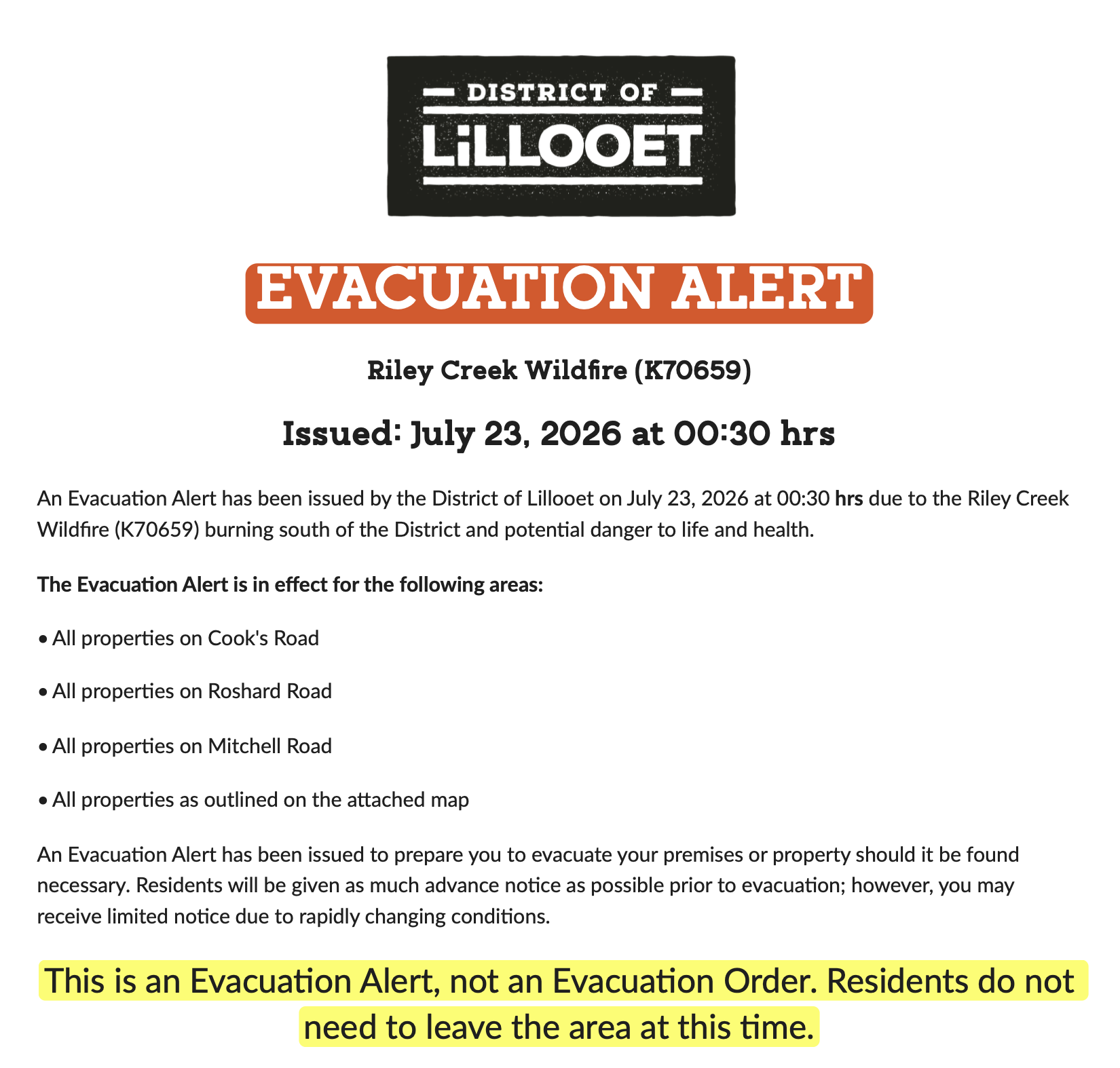 Evacuation Alert - July 23, 2026 - Cook’s Road, Roshard Road, Mitchell Road