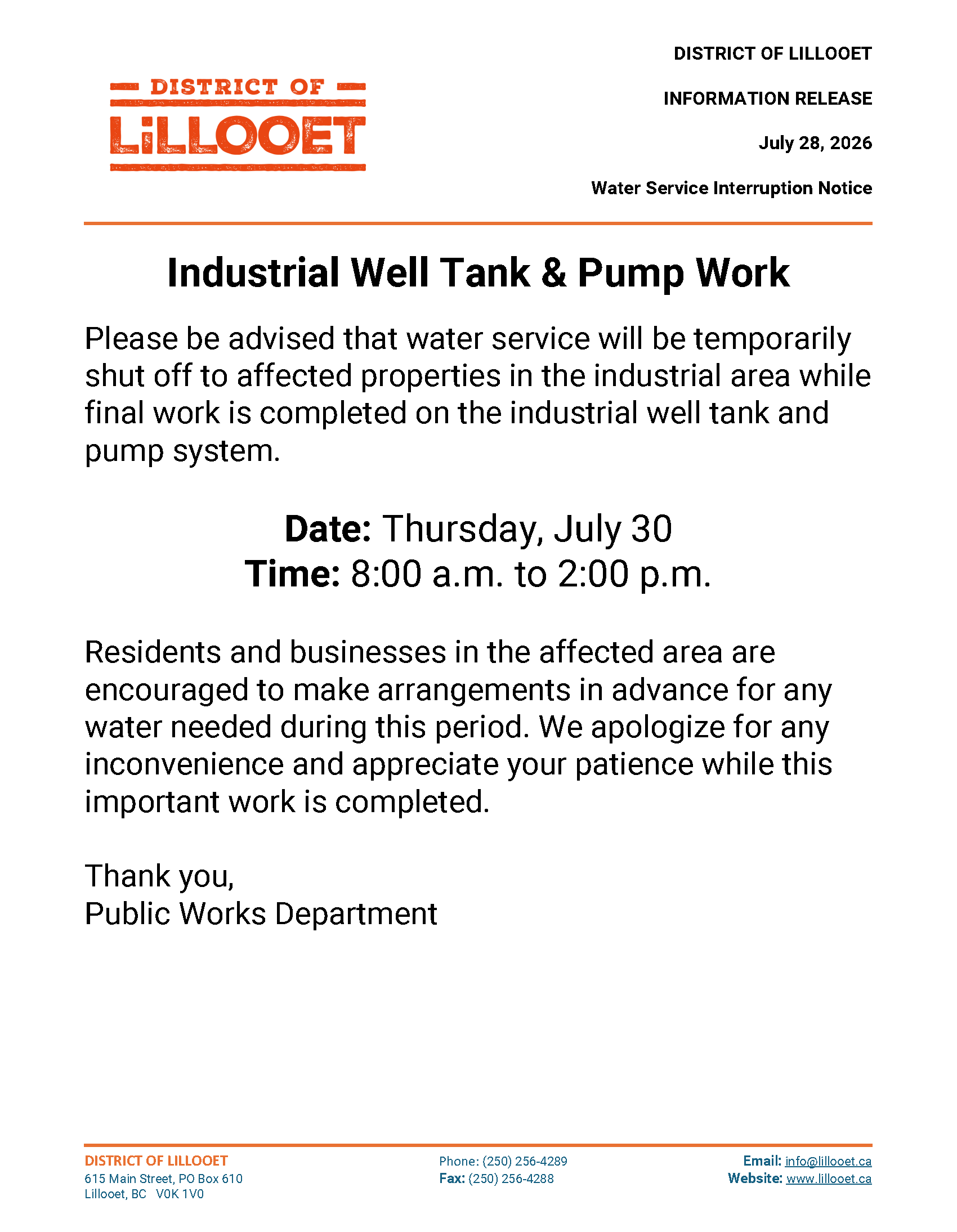 Water Disruption - Industrial Place - July 30 8AM to 2PM