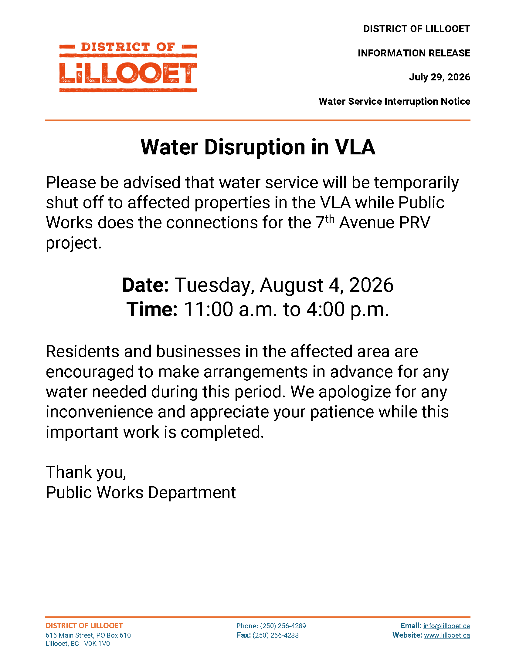 Water Disruption - VLA - August 4 - 11AM to 4PM