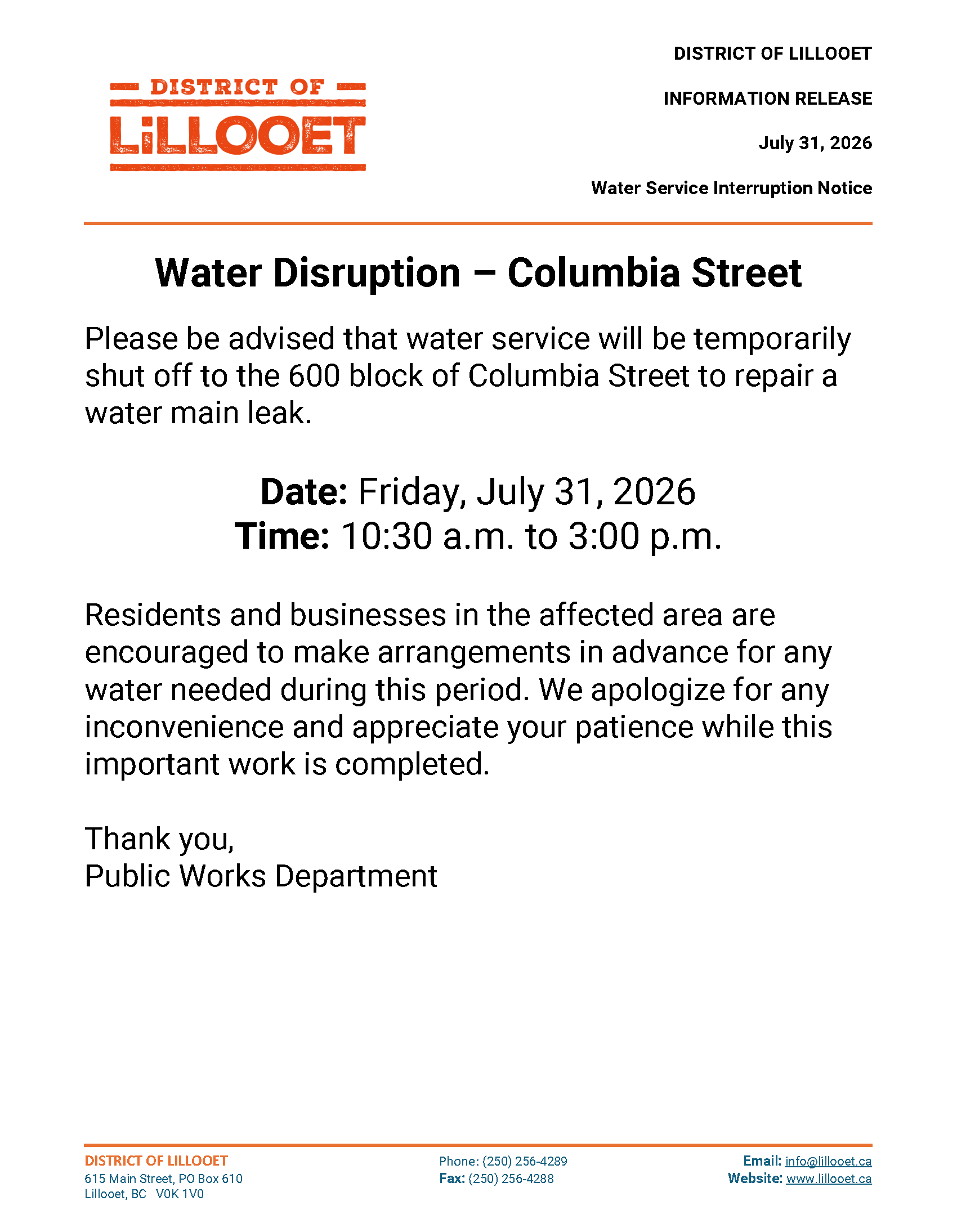 Water Disruption - 600 Block Columbia Street - 10:30am to 3:00pm
