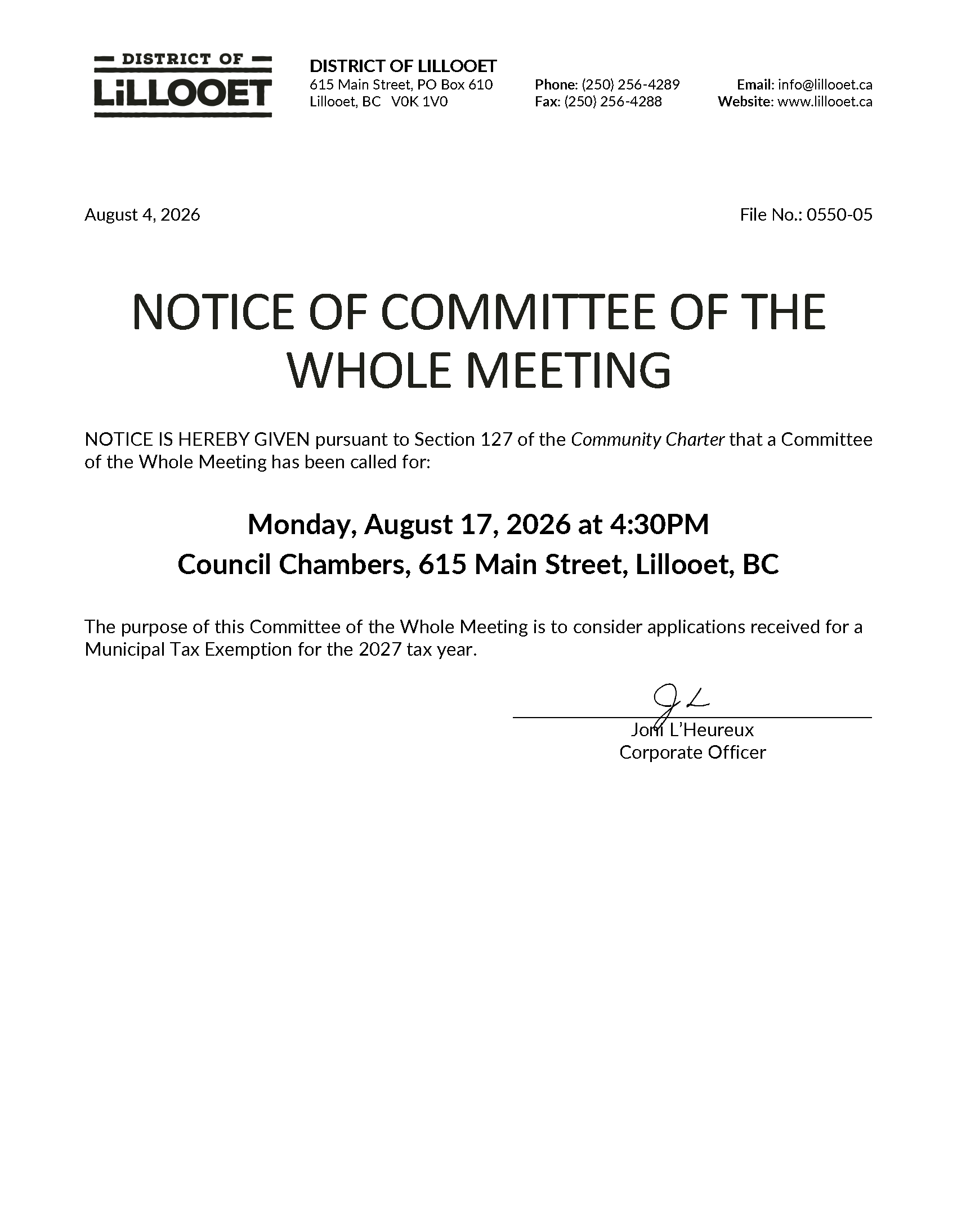 Committee of the Whole Meeting - August 17, 2026